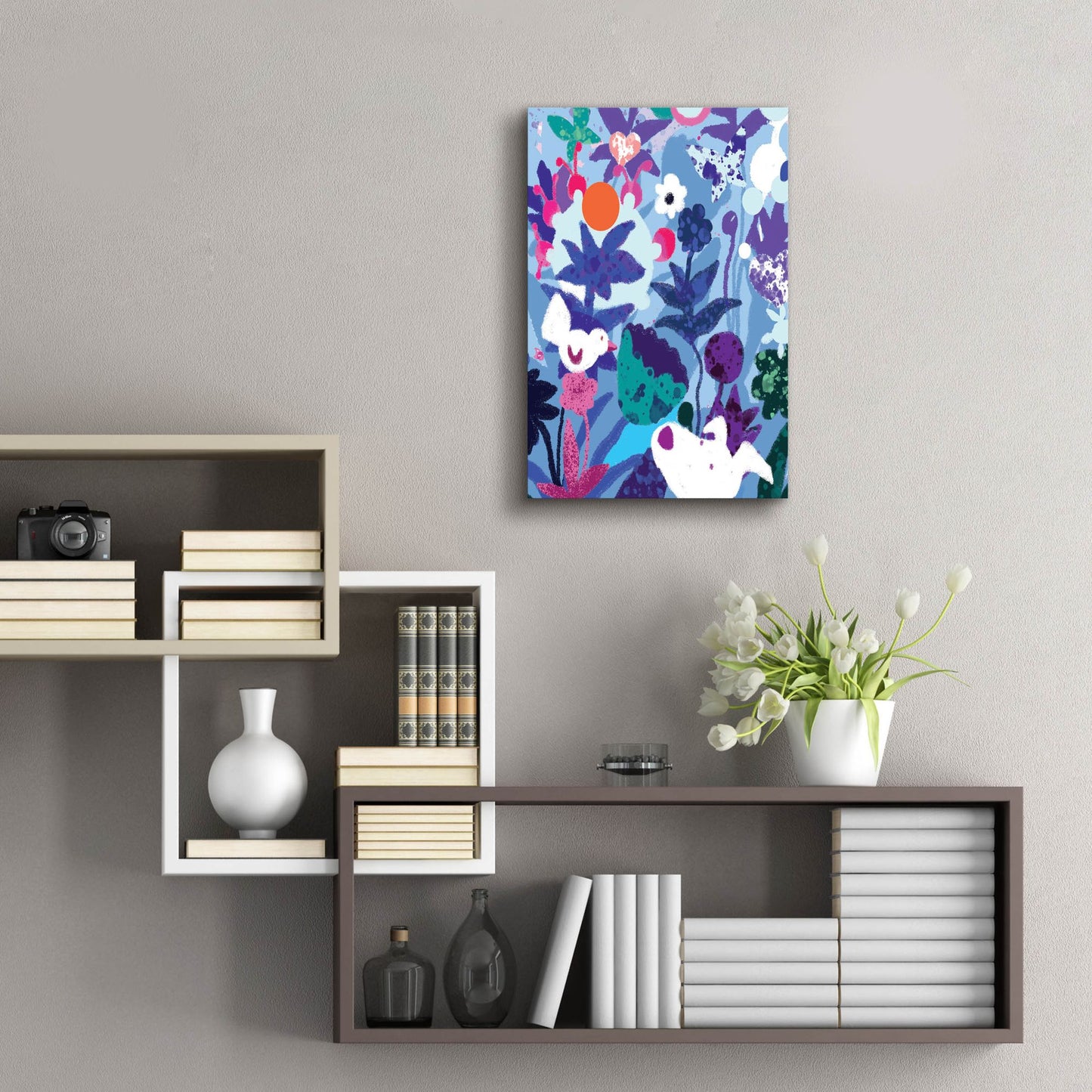 Epic Art 'Blue Floral With Dog And Bird' by Holly McGee, Acrylic Glass Wall Art,16x24