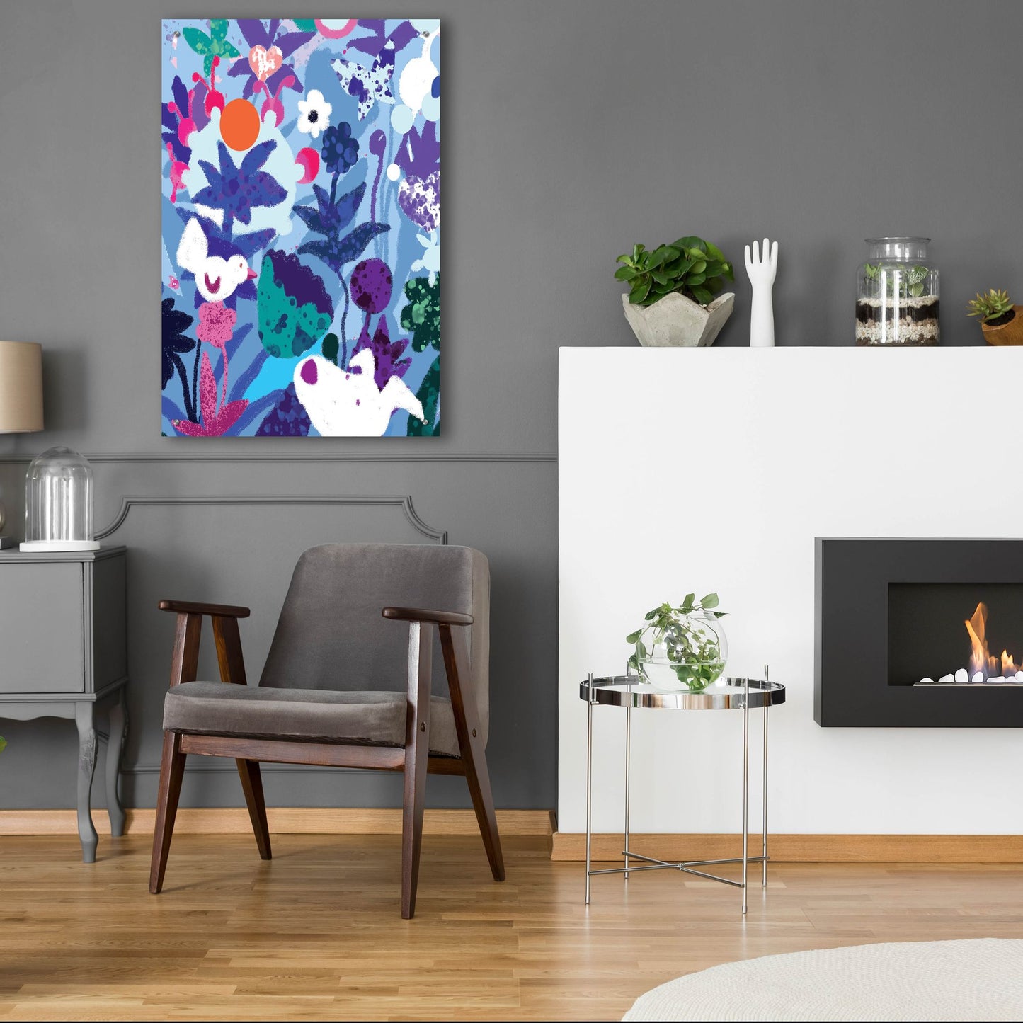 Epic Art 'Blue Floral With Dog And Bird' by Holly McGee, Acrylic Glass Wall Art,24x36