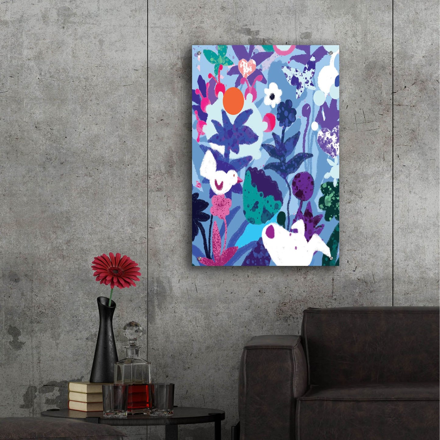 Epic Art 'Blue Floral With Dog And Bird' by Holly McGee, Acrylic Glass Wall Art,24x36