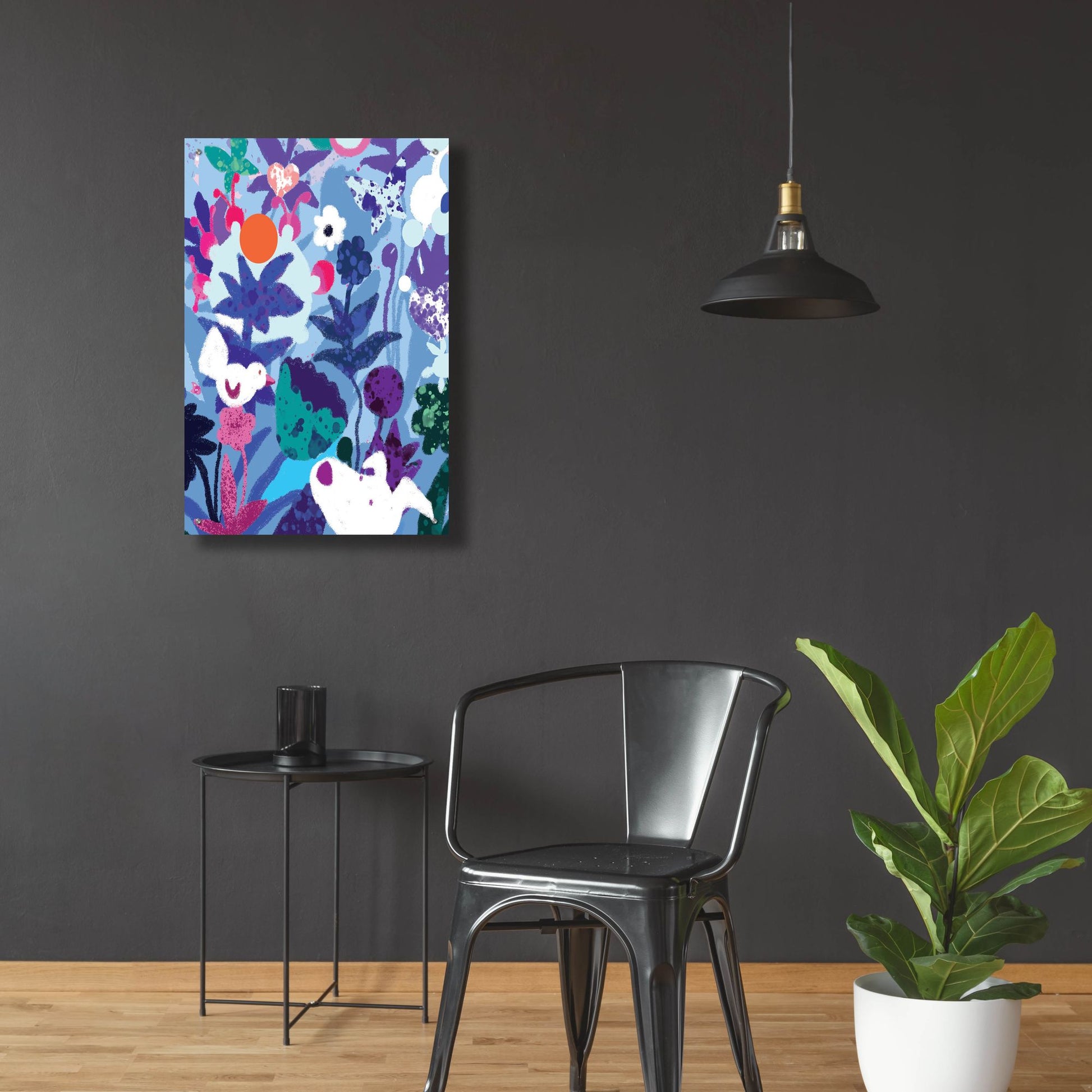 Epic Art 'Blue Floral With Dog And Bird' by Holly McGee, Acrylic Glass Wall Art,24x36