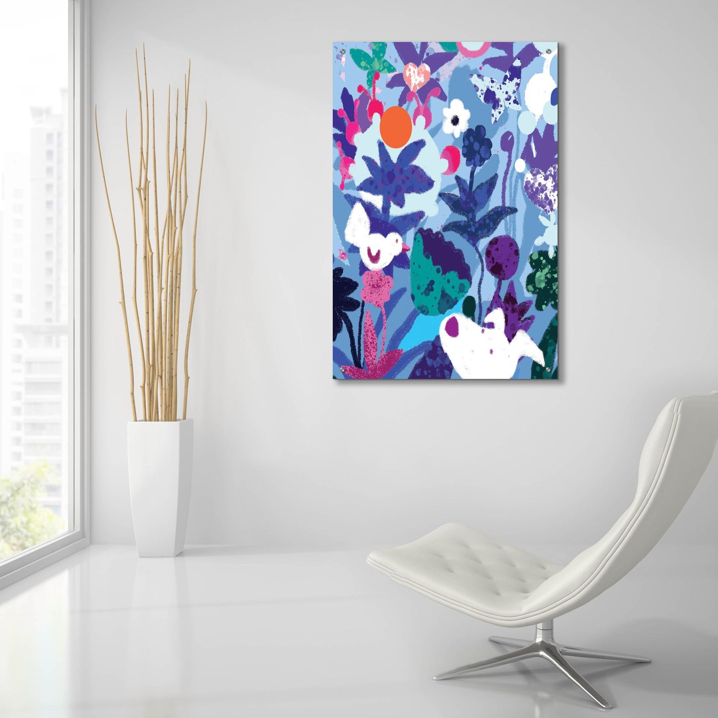 Epic Art 'Blue Floral With Dog And Bird' by Holly McGee, Acrylic Glass Wall Art,24x36