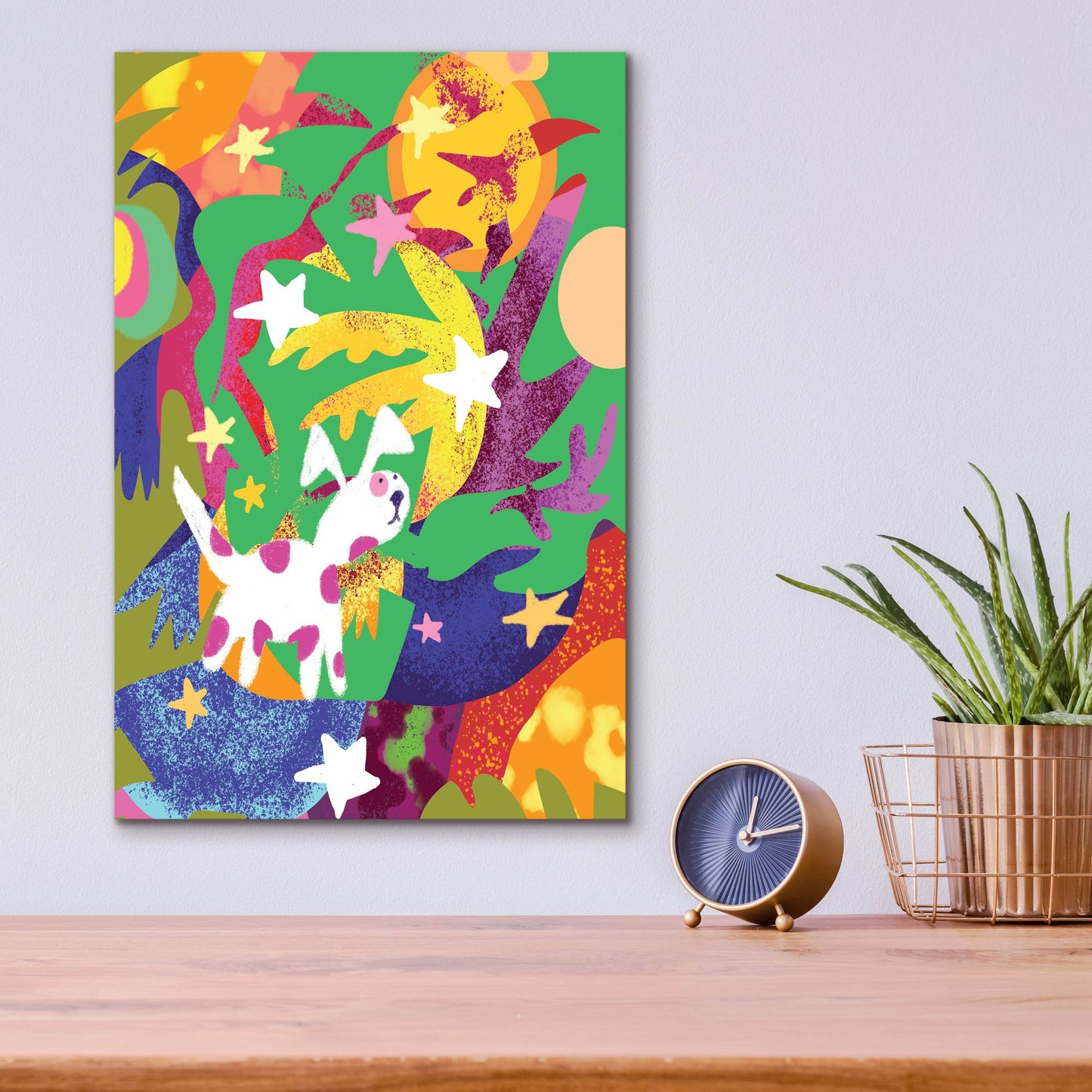 Epic Art 'Dog And Stars With Abstract Background' by Holly McGee, Acrylic Glass Wall Art,12x16