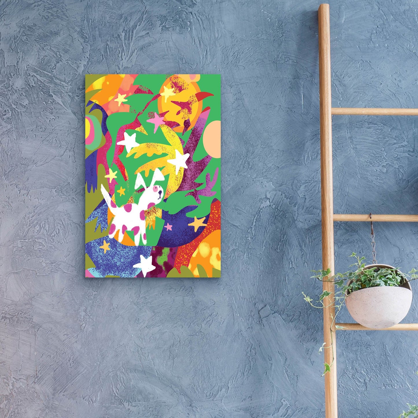 Epic Art 'Dog And Stars With Abstract Background' by Holly McGee, Acrylic Glass Wall Art,16x24