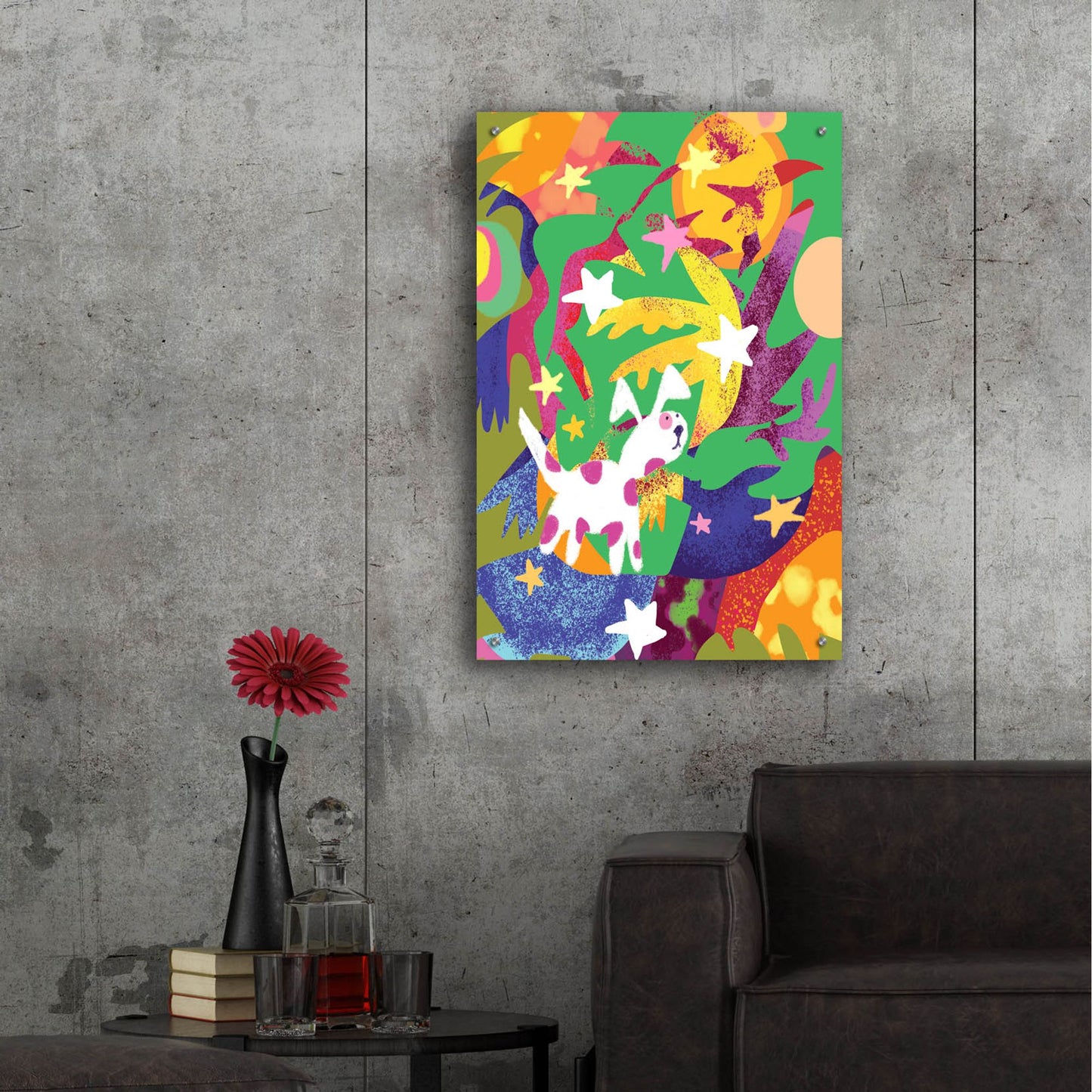 Epic Art 'Dog And Stars With Abstract Background' by Holly McGee, Acrylic Glass Wall Art,24x36