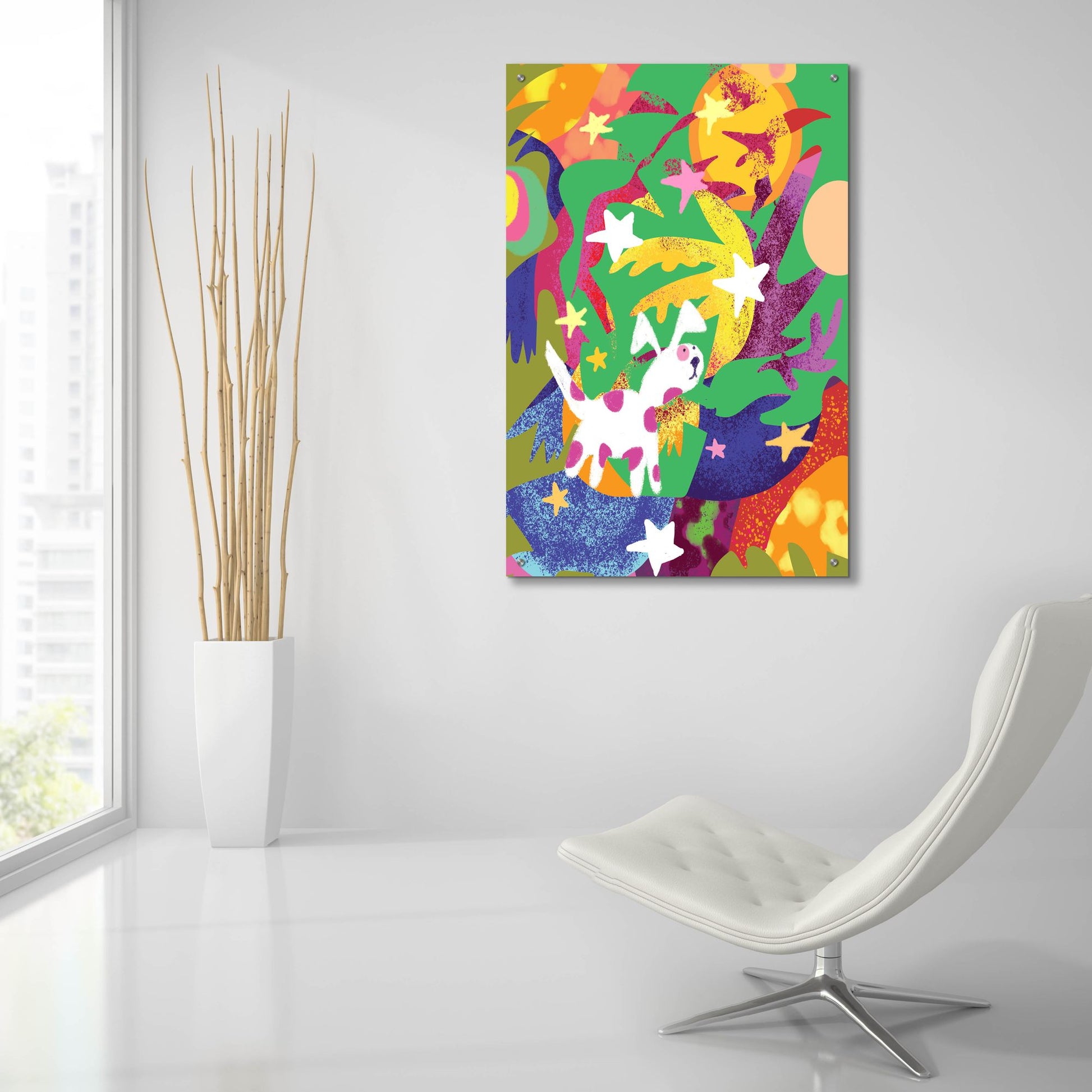 Epic Art 'Dog And Stars With Abstract Background' by Holly McGee, Acrylic Glass Wall Art,24x36