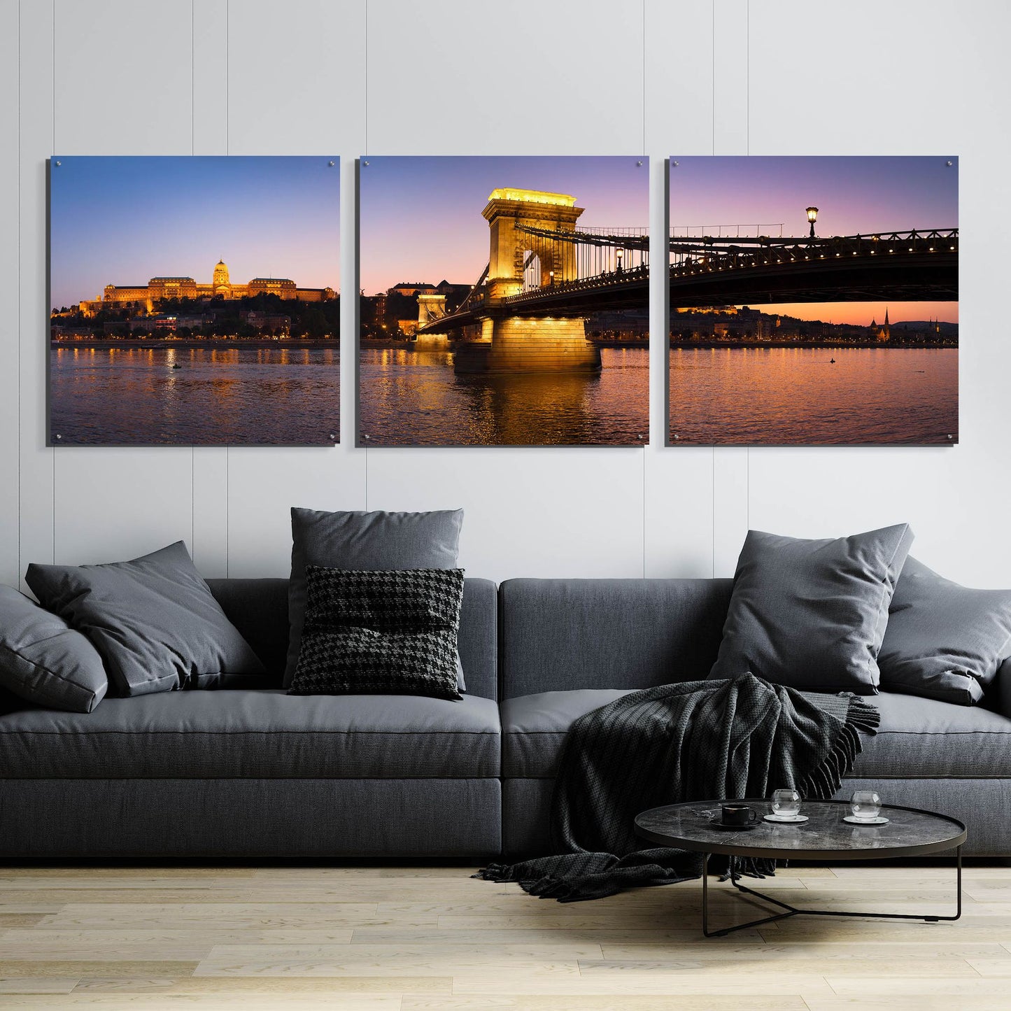 Epic Art 'Panorama Budapest Chain Bridge' by Istvan Nagy, Acrylic Glass Wall Art, 3 Piece Set,108x36