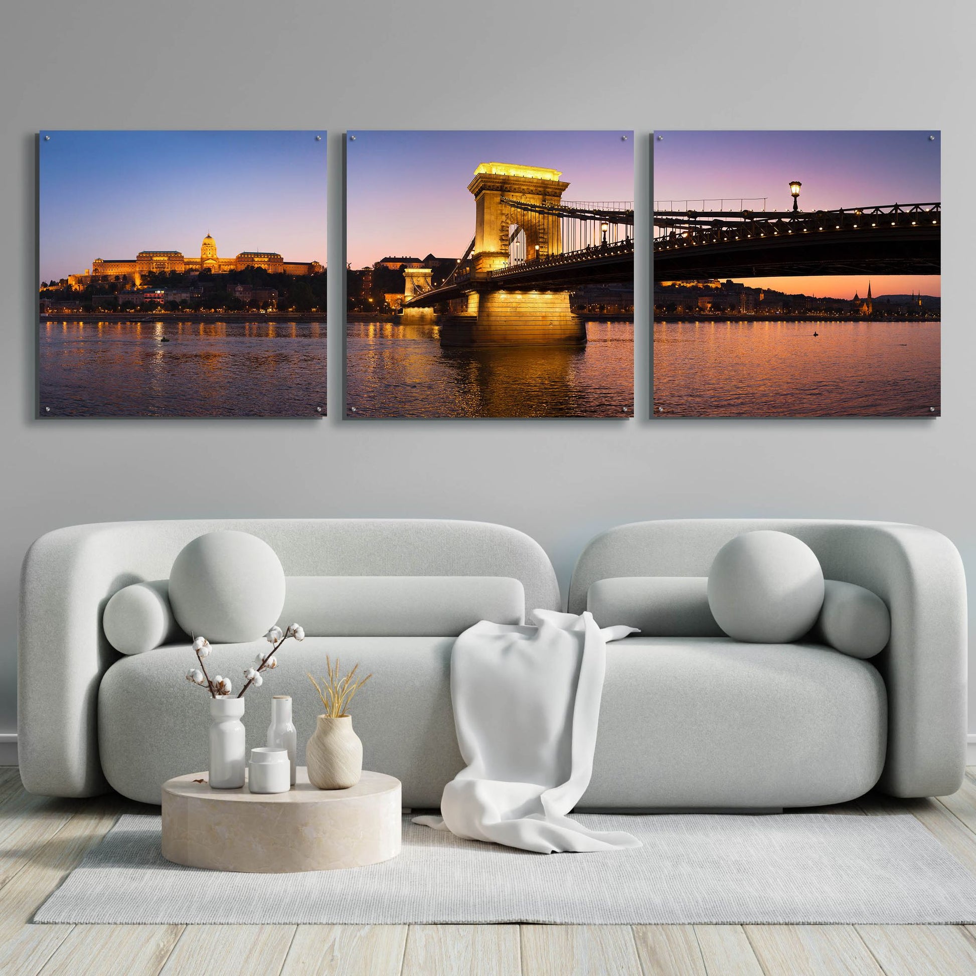 Epic Art 'Panorama Budapest Chain Bridge' by Istvan Nagy, Acrylic Glass Wall Art, 3 Piece Set,108x36