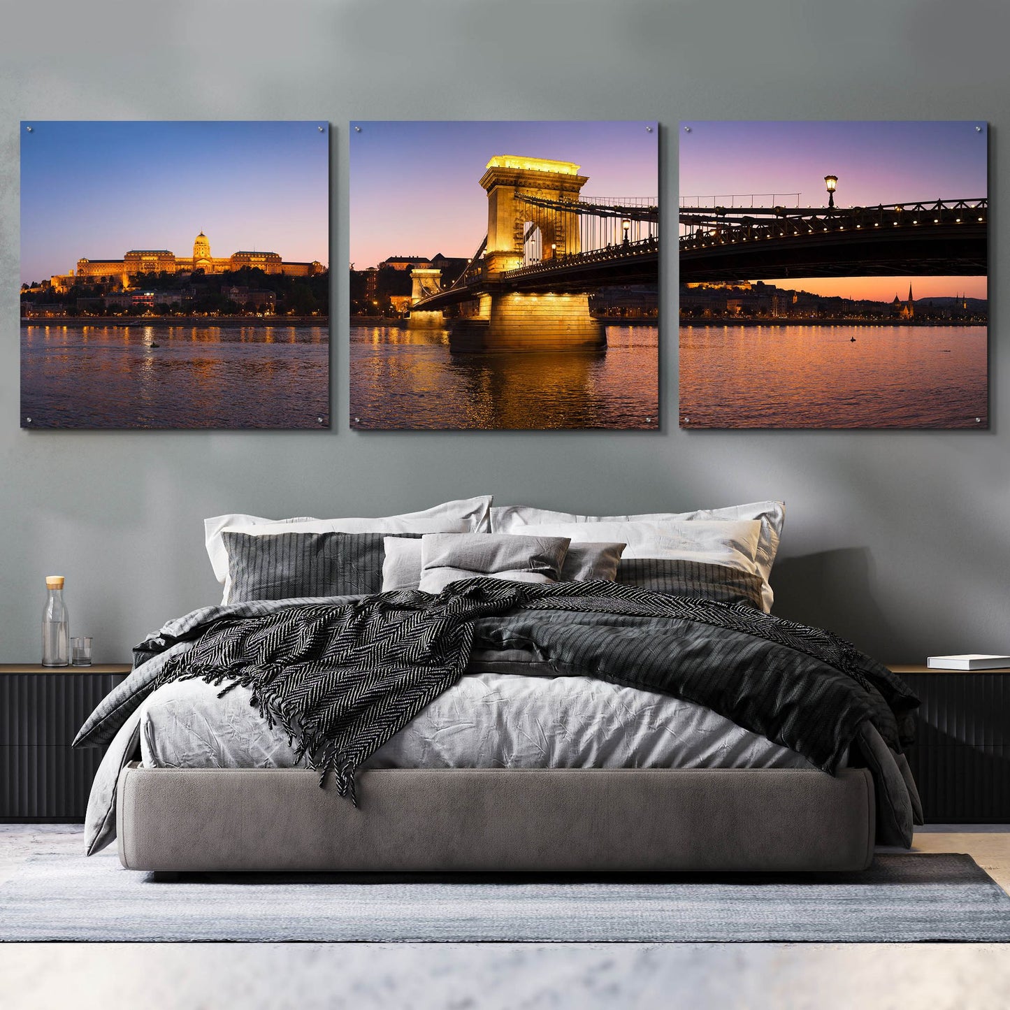 Epic Art 'Panorama Budapest Chain Bridge' by Istvan Nagy, Acrylic Glass Wall Art, 3 Piece Set,108x36