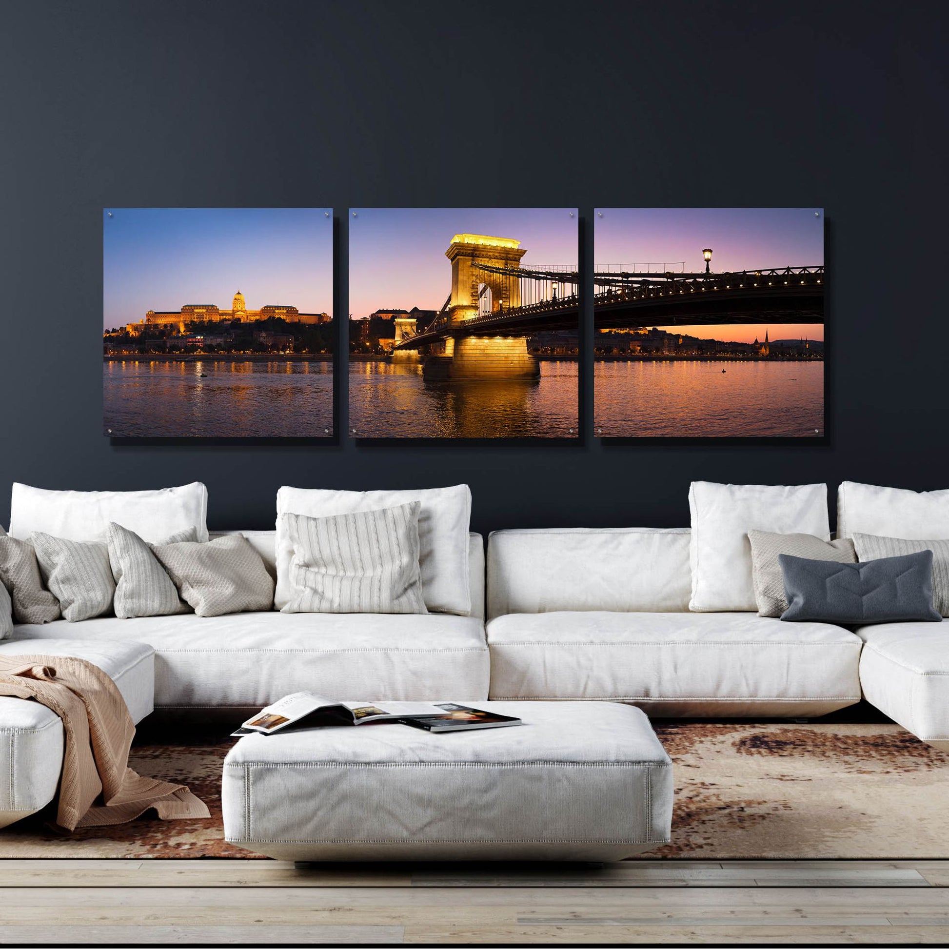 Epic Art 'Panorama Budapest Chain Bridge' by Istvan Nagy, Acrylic Glass Wall Art, 3 Piece Set,108x36