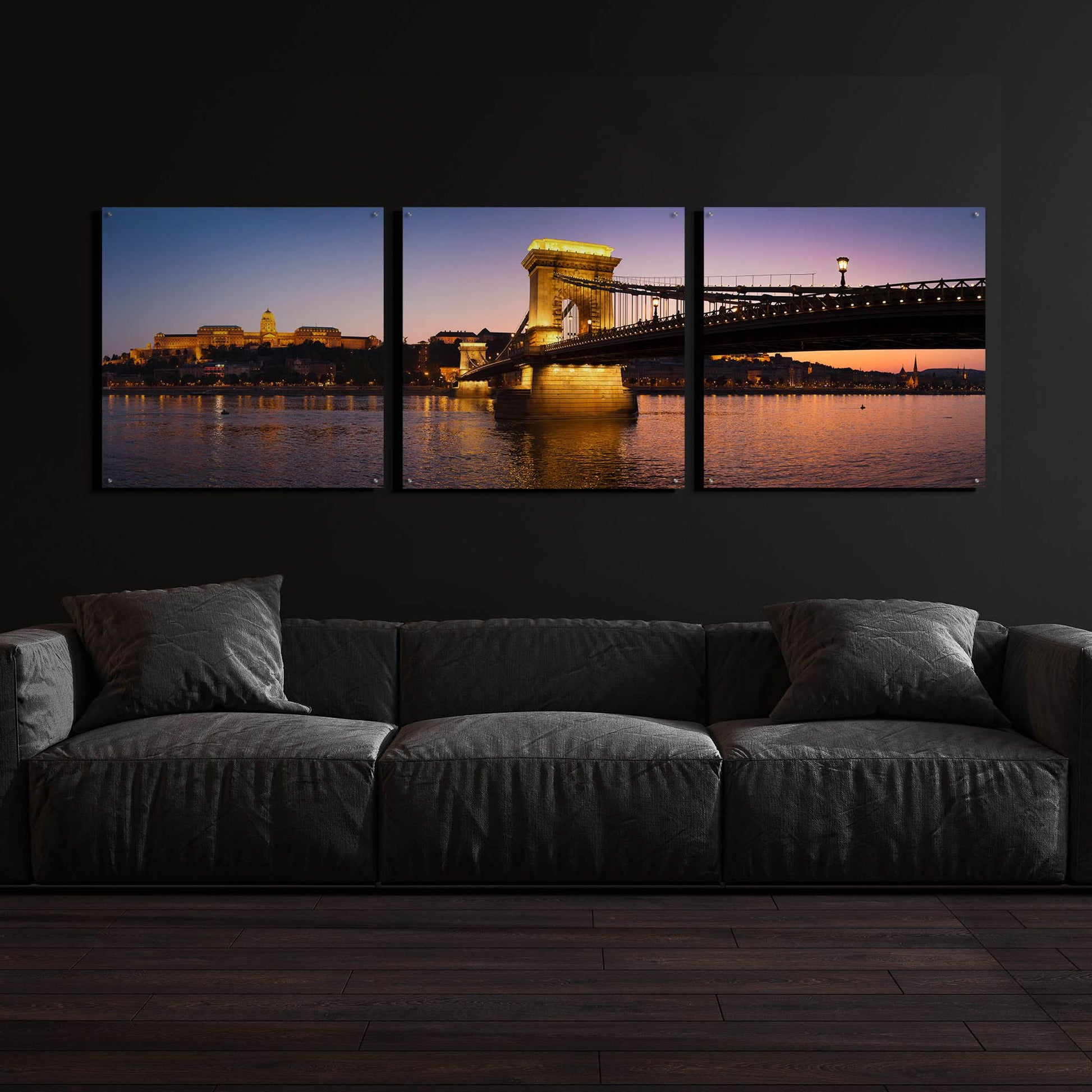 Epic Art 'Panorama Budapest Chain Bridge' by Istvan Nagy, Acrylic Glass Wall Art, 3 Piece Set,108x36