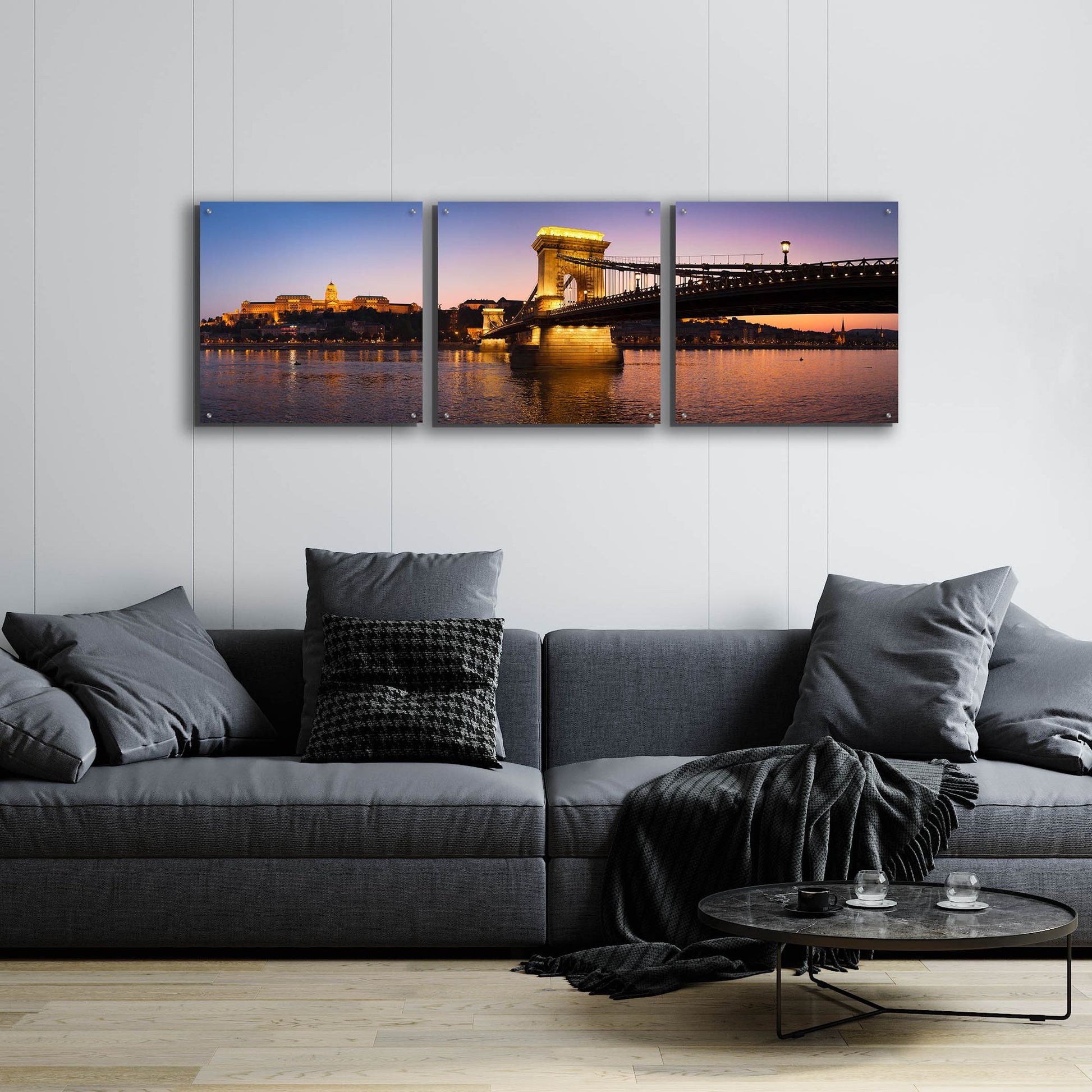 Epic Art 'Panorama Budapest Chain Bridge' by Istvan Nagy, Acrylic Glass Wall Art, 3 Piece Set,72x24