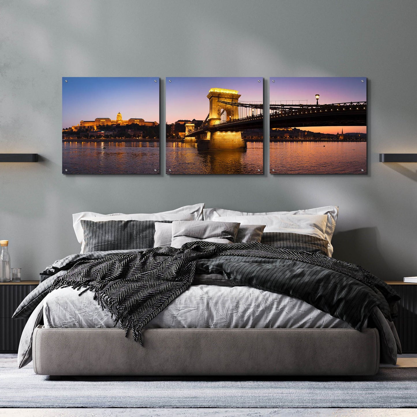 Epic Art 'Panorama Budapest Chain Bridge' by Istvan Nagy, Acrylic Glass Wall Art, 3 Piece Set,72x24