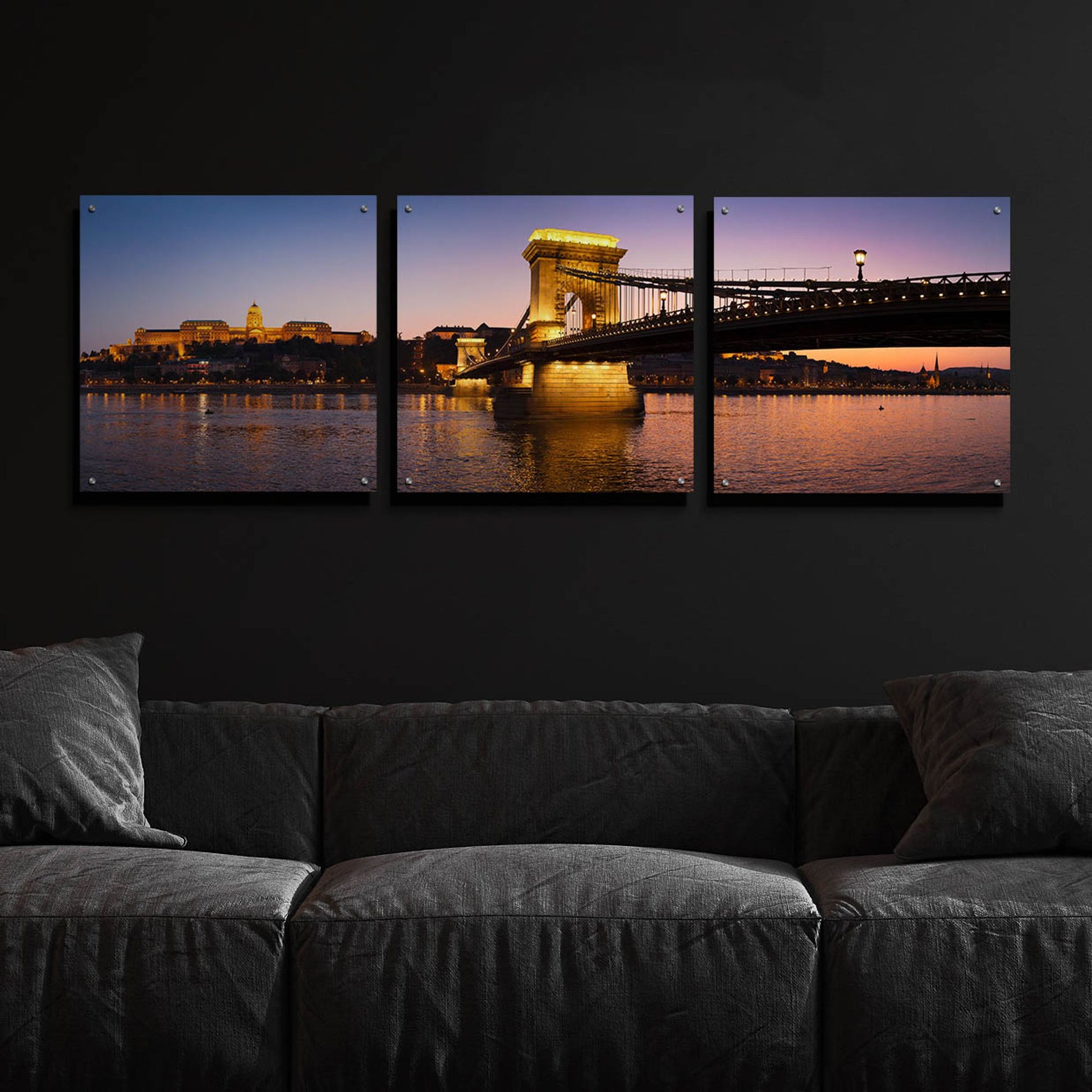 Epic Art 'Panorama Budapest Chain Bridge' by Istvan Nagy, Acrylic Glass Wall Art, 3 Piece Set,72x24