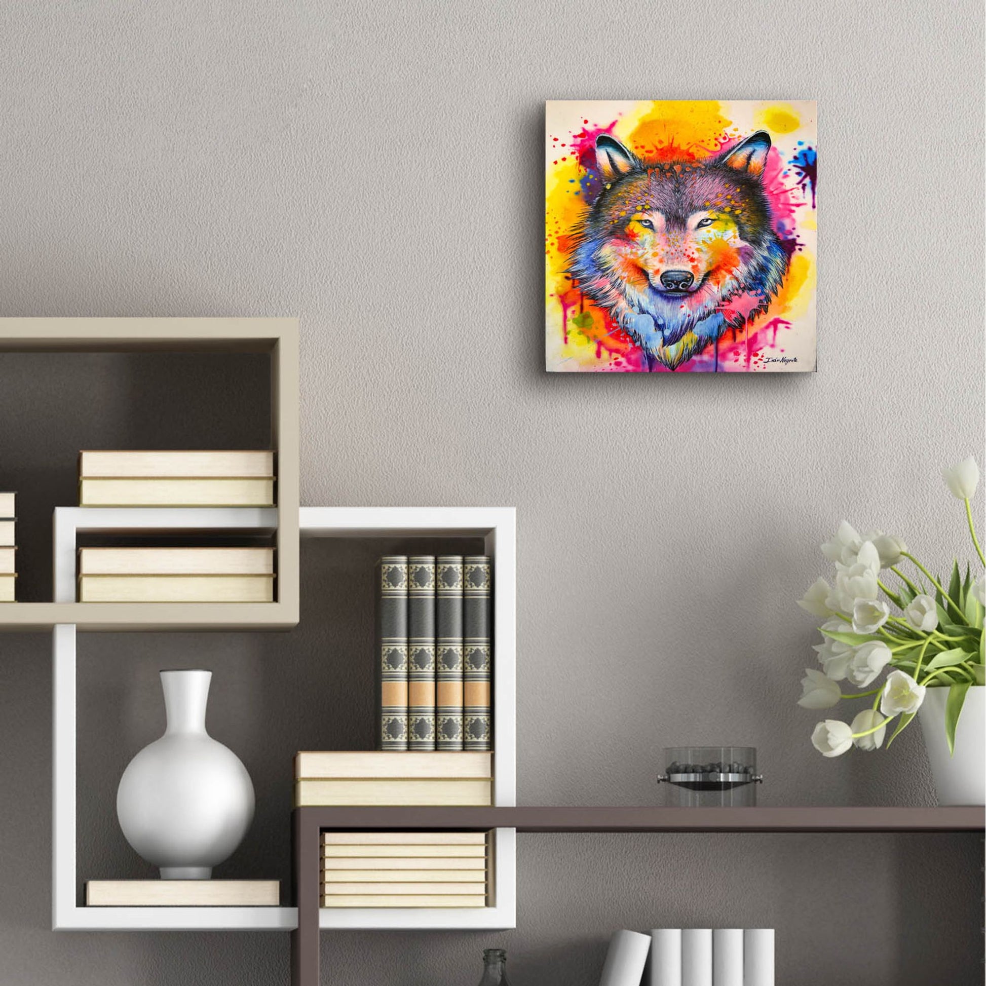 Epic Art 'Wolf Splash Colors' by Ivan Negrete, Acrylic Glass Wall Art,12x12