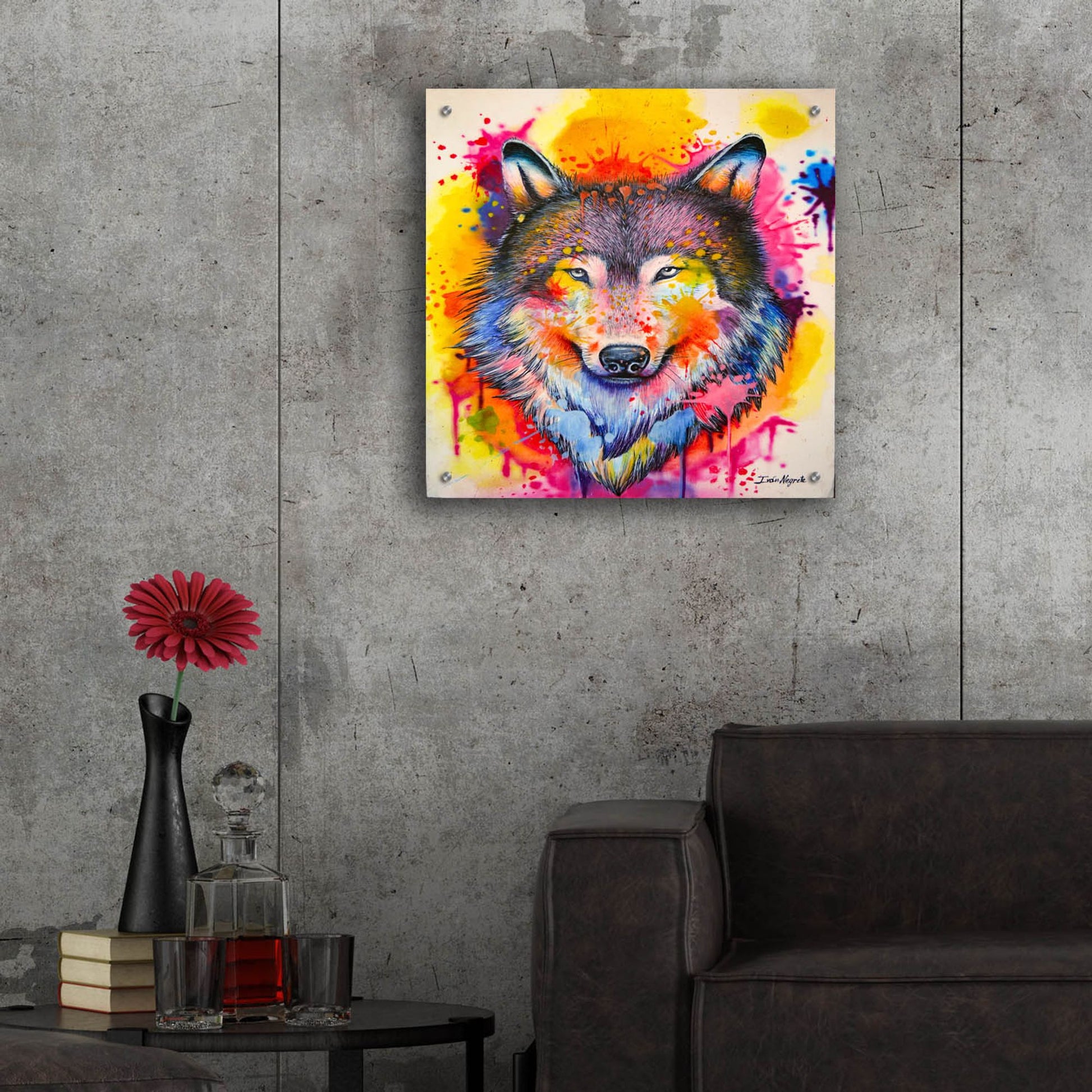 Epic Art 'Wolf Splash Colors' by Ivan Negrete, Acrylic Glass Wall Art,24x24