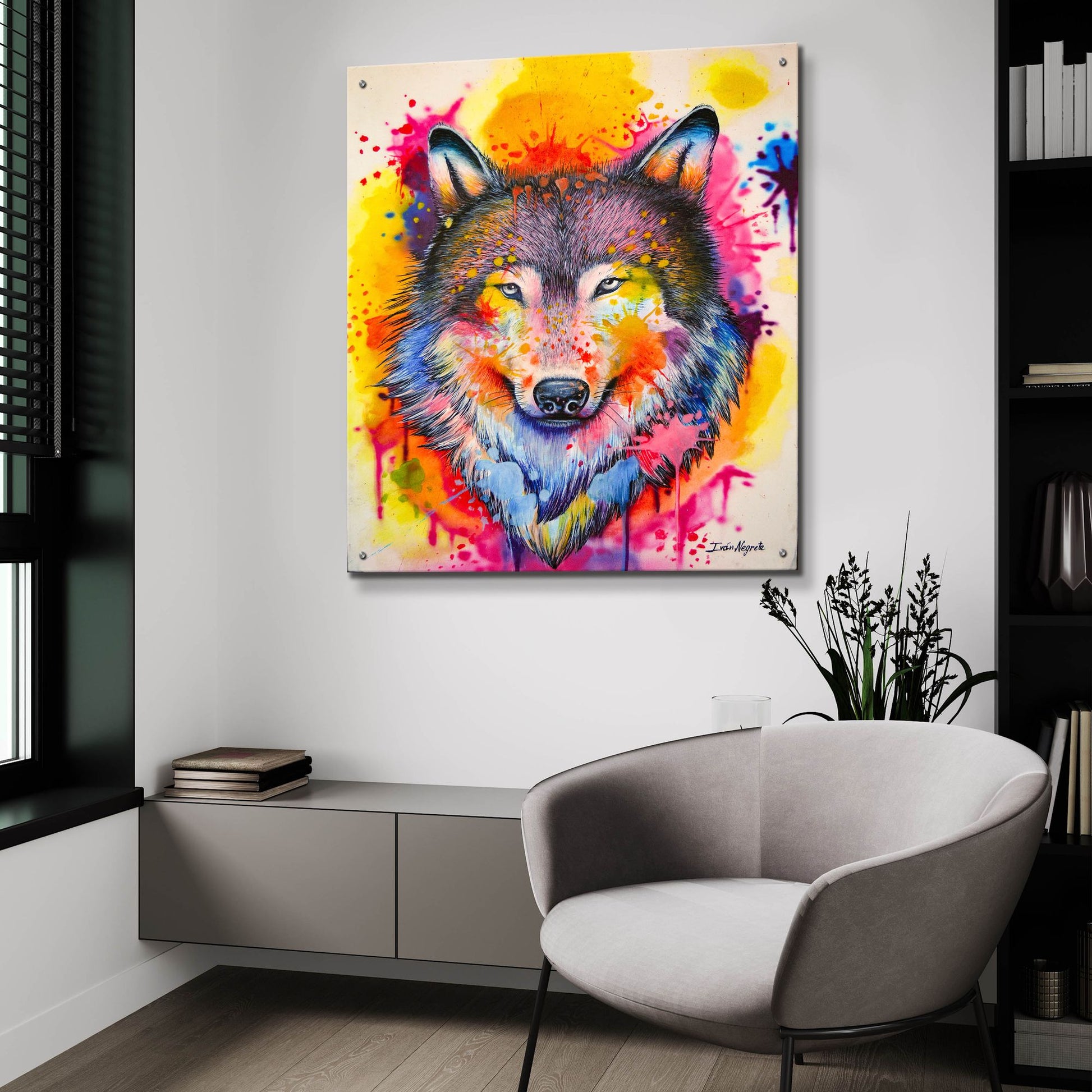 Epic Art 'Wolf Splash Colors' by Ivan Negrete, Acrylic Glass Wall Art,36x36