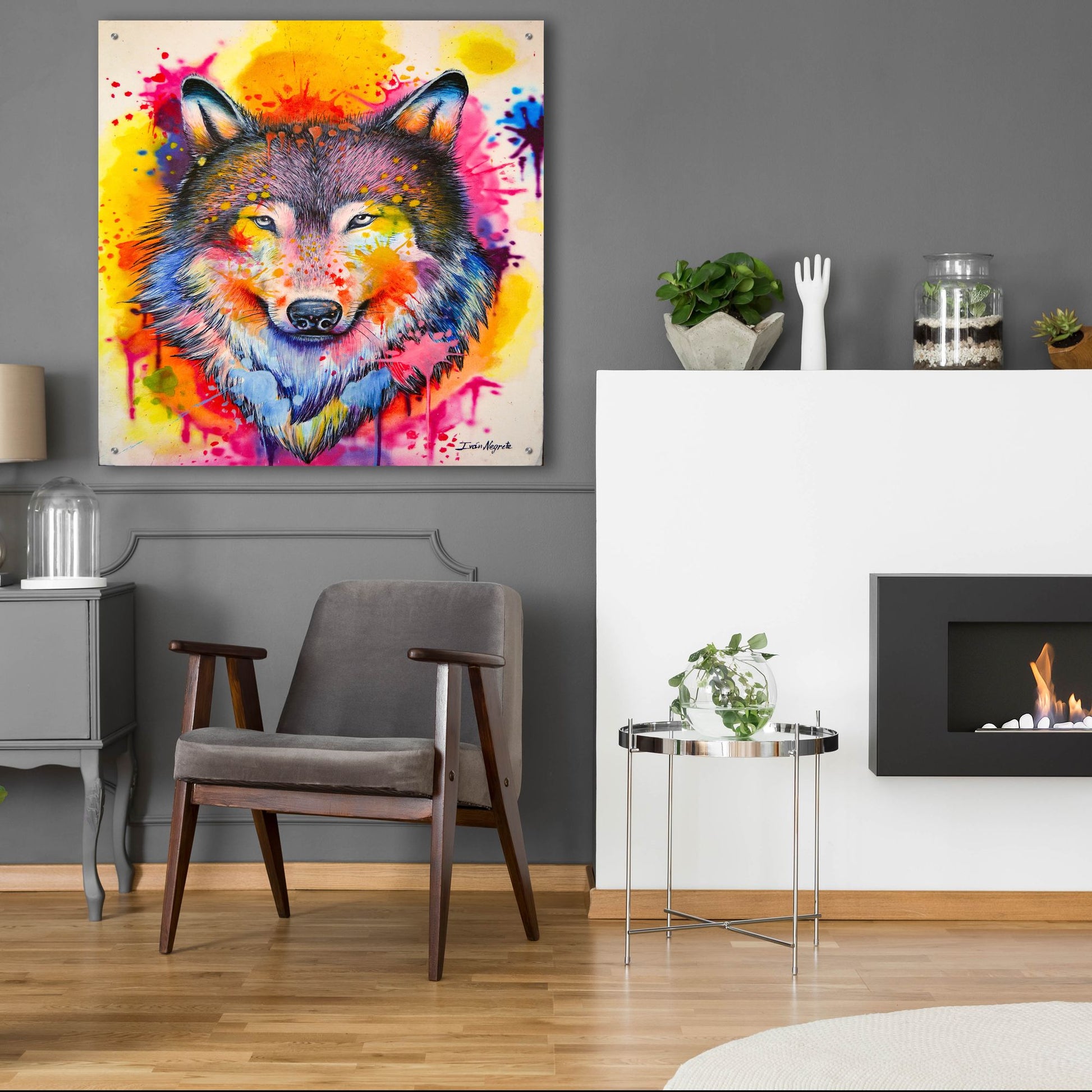Epic Art 'Wolf Splash Colors' by Ivan Negrete, Acrylic Glass Wall Art,36x36