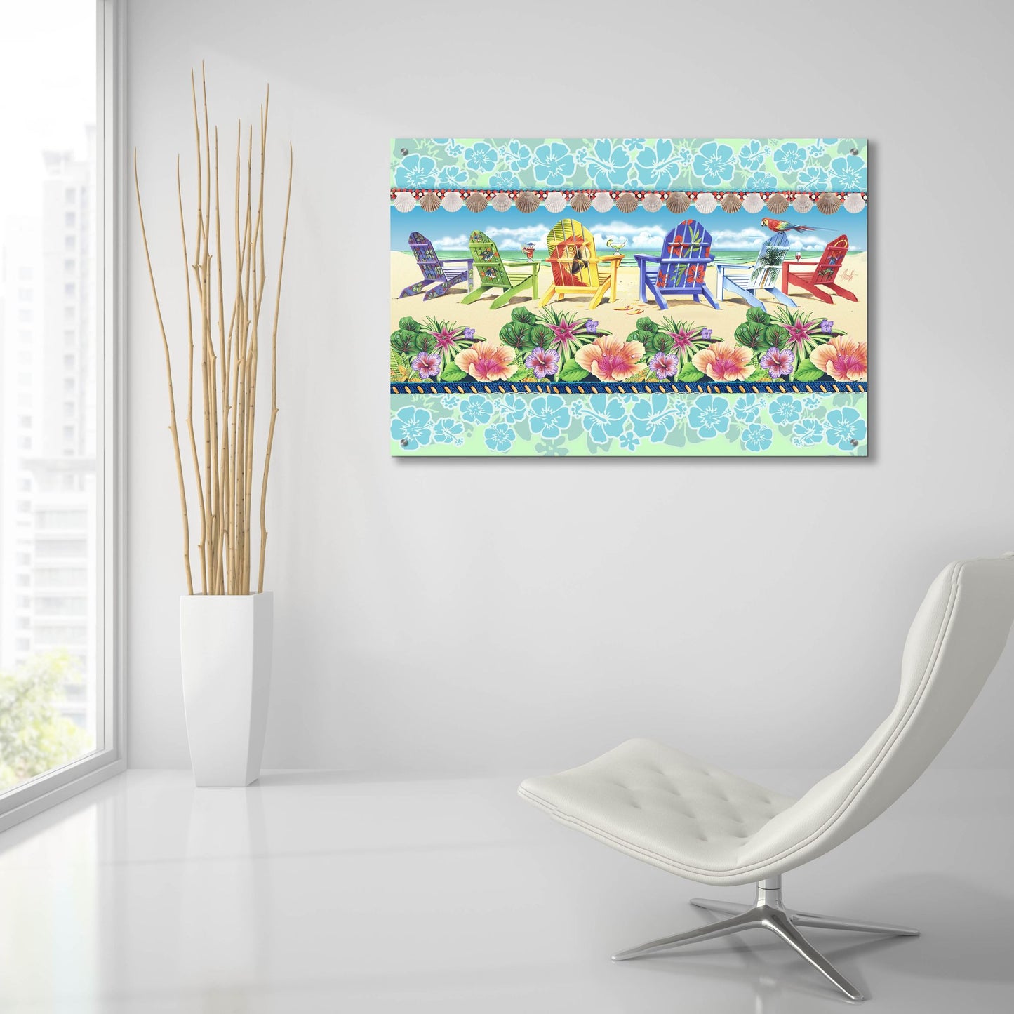 Epic Art 'Coastal Chairs Floral' by James Mazzotta, Acrylic Glass Wall Art,36x24