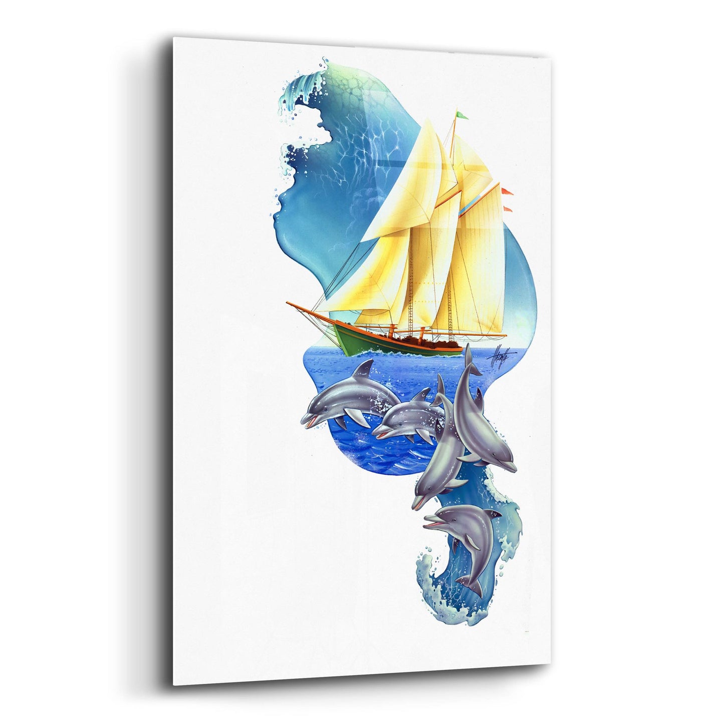 Epic Art 'Sailboat Dolphin Wave' by James Mazzotta, Acrylic Glass Wall Art,12x16