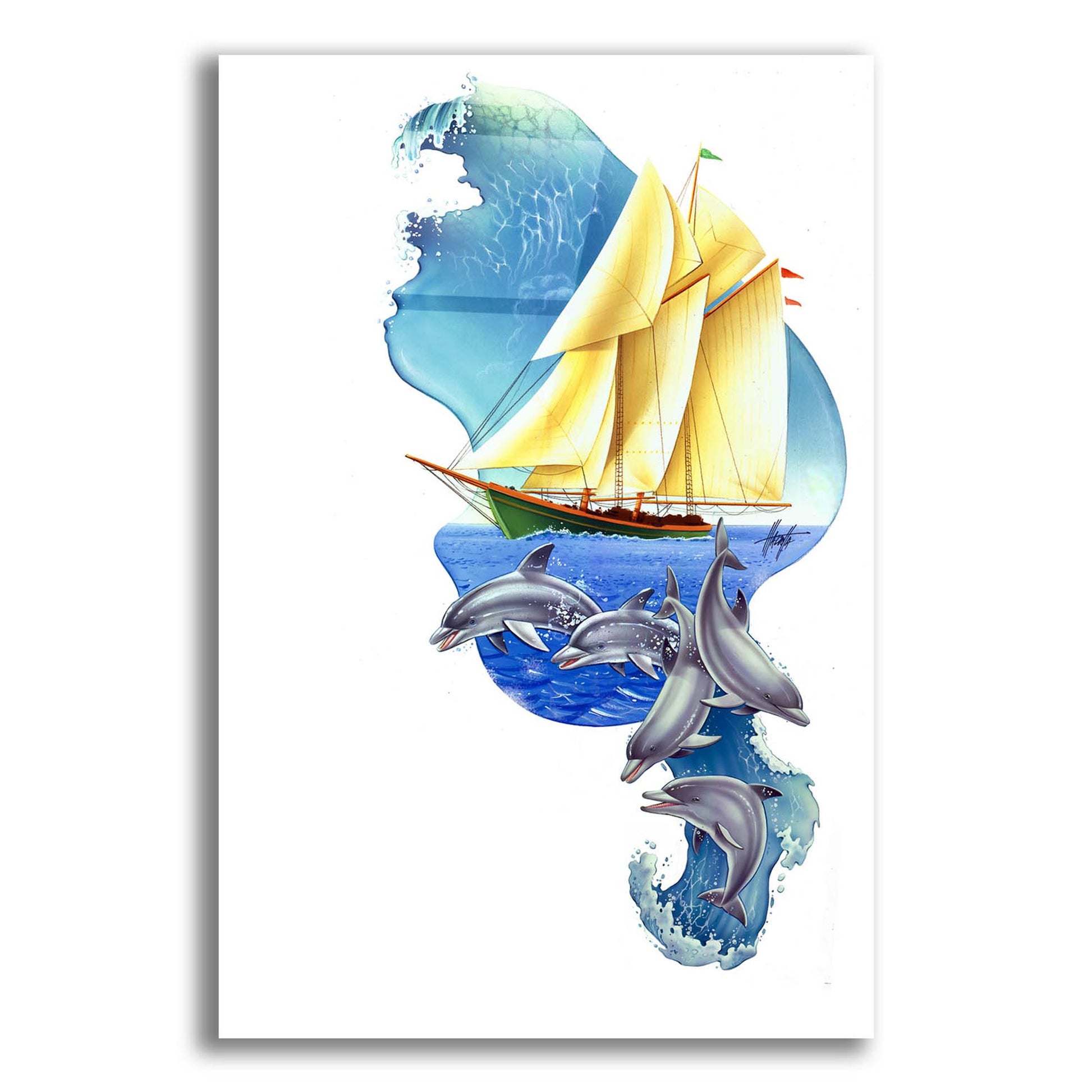 Epic Art 'Sailboat Dolphin Wave' by James Mazzotta, Acrylic Glass Wall Art,12x16