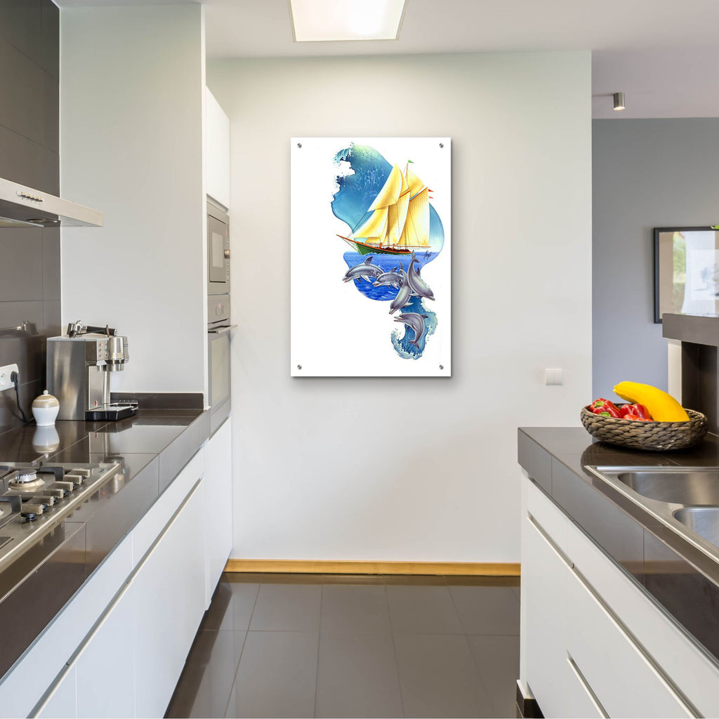 Epic Art 'Sailboat Dolphin Wave' by James Mazzotta, Acrylic Glass Wall Art,24x36