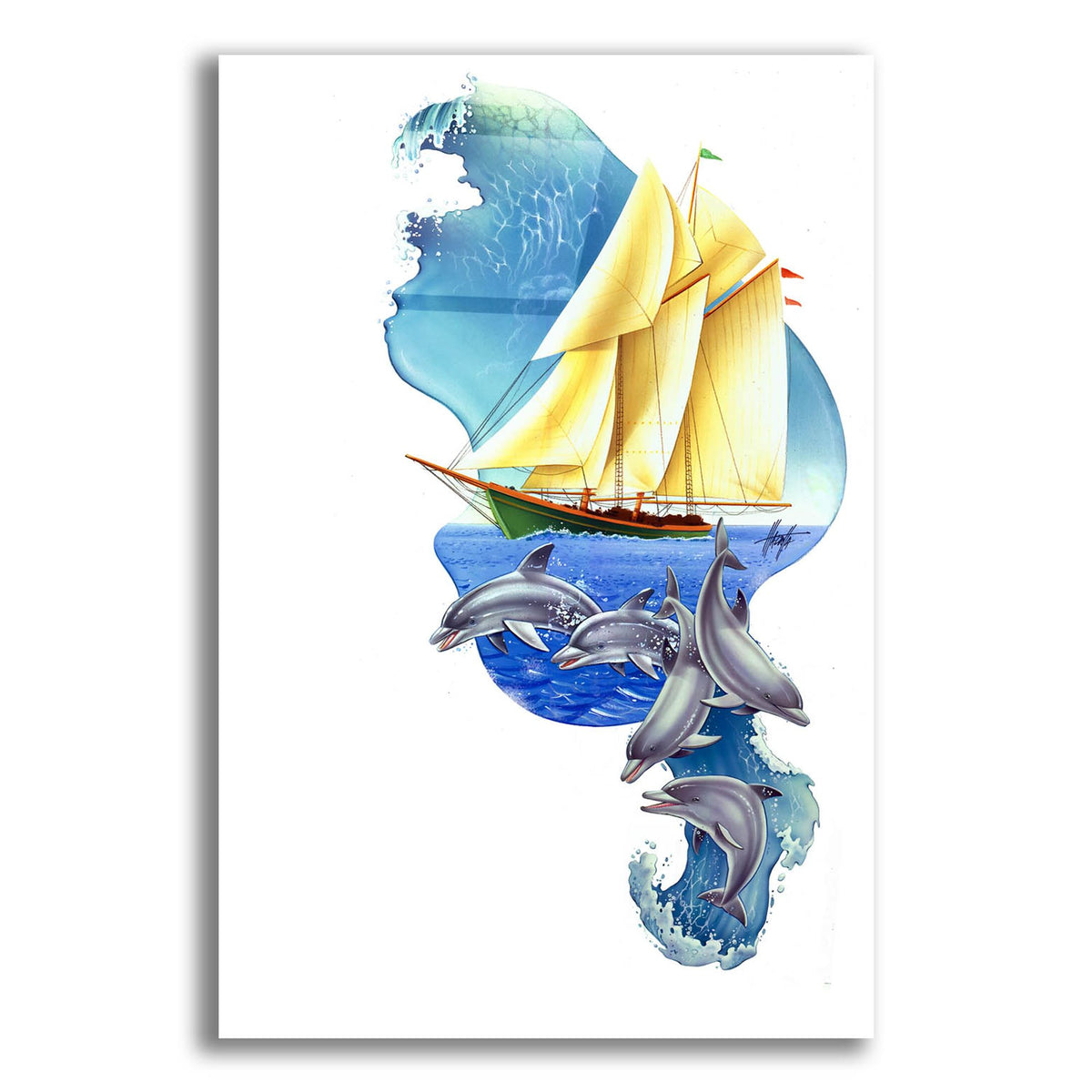 Epic Art 'Sailboat Dolphin Wave' by James Mazzotta, Acrylic Glass Wall Art