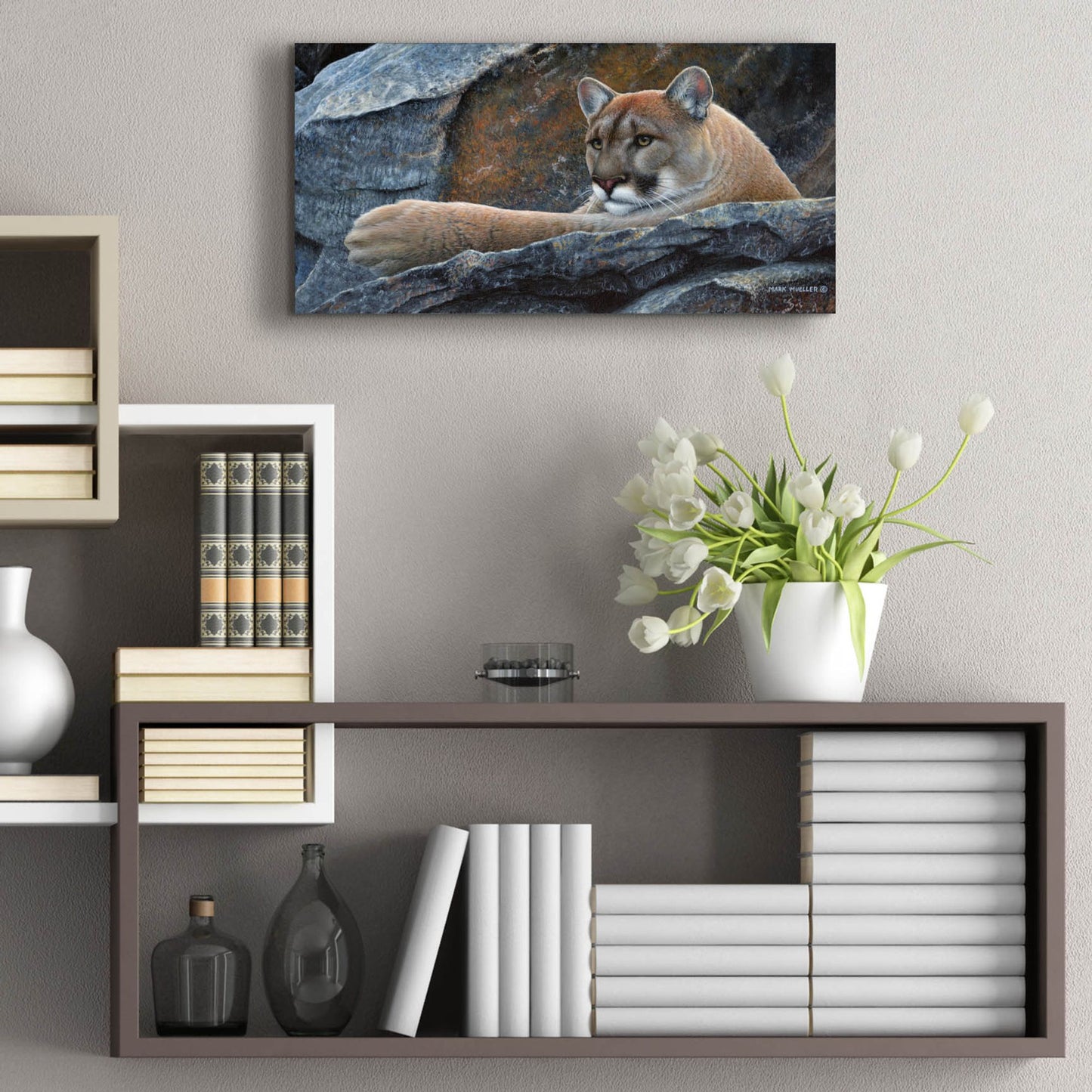 Epic Art 'Between a Rock and a Hard Place - Cougar' by Mark Mueller Wildlife Art, Acrylic Glass Wall Art,24x12