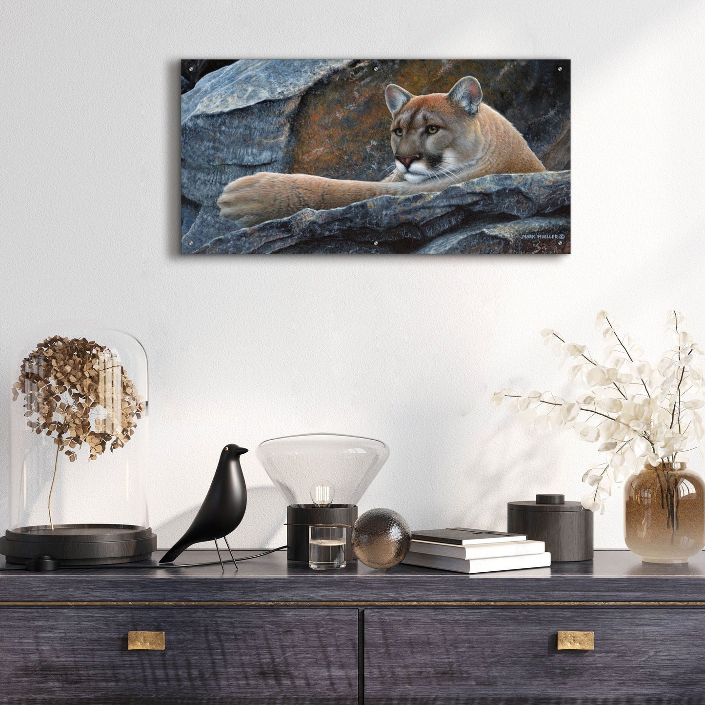 Epic Art 'Between a Rock and a Hard Place - Cougar' by Mark Mueller Wildlife Art, Acrylic Glass Wall Art,48x24