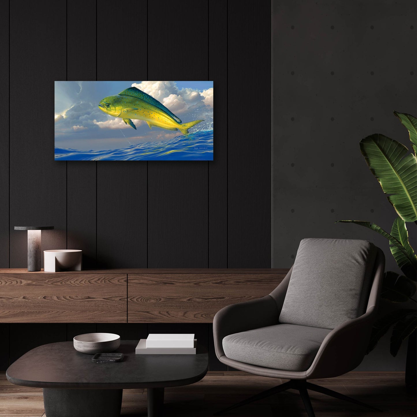 Epic Art 'Chicken Fight - Mahi Mahi' by Mark Mueller Wildlife Art, Acrylic Glass Wall Art,24x12