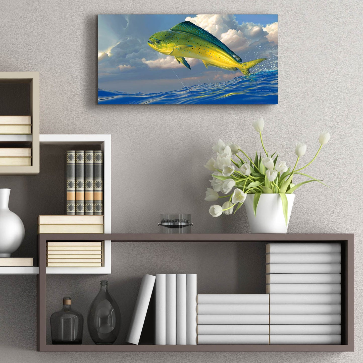 Epic Art 'Chicken Fight - Mahi Mahi' by Mark Mueller Wildlife Art, Acrylic Glass Wall Art,24x12