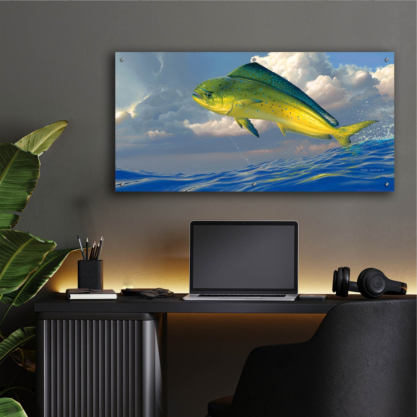 Epic Art 'Chicken Fight - Mahi Mahi' by Mark Mueller Wildlife Art, Acrylic Glass Wall Art,48x24