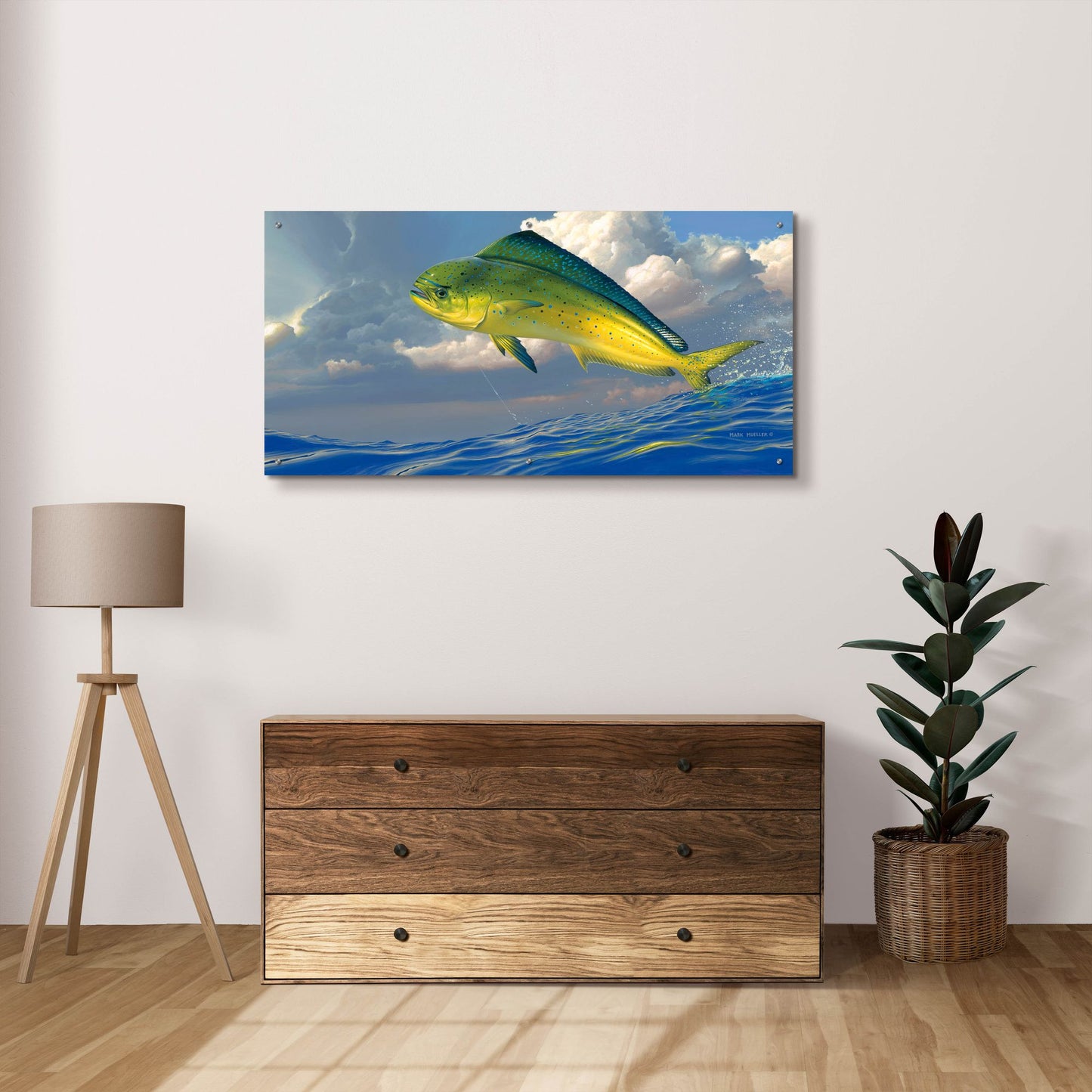 Epic Art 'Chicken Fight - Mahi Mahi' by Mark Mueller Wildlife Art, Acrylic Glass Wall Art,48x24