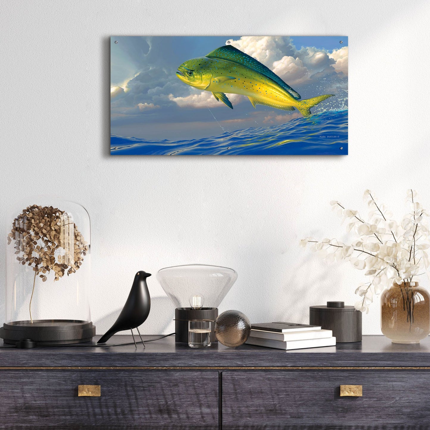 Epic Art 'Chicken Fight - Mahi Mahi' by Mark Mueller Wildlife Art, Acrylic Glass Wall Art,48x24