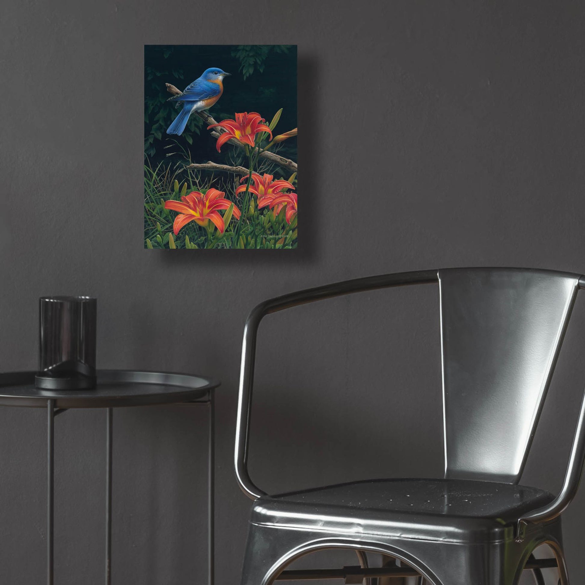 Epic Art 'Edge of the Woods - Bluebird and Daylilies' by Mark Mueller Wildlife Art, Acrylic Glass Wall Art,12x16