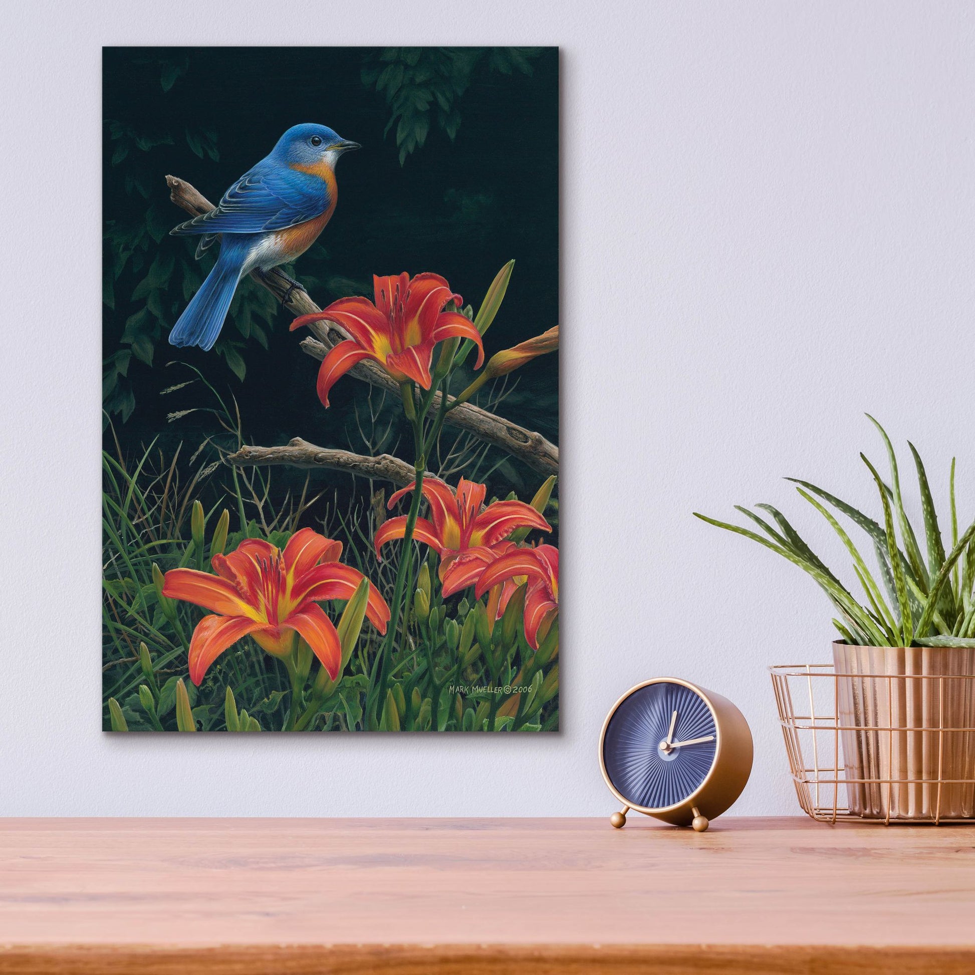 Epic Art 'Edge of the Woods - Bluebird and Daylilies' by Mark Mueller Wildlife Art, Acrylic Glass Wall Art,12x16