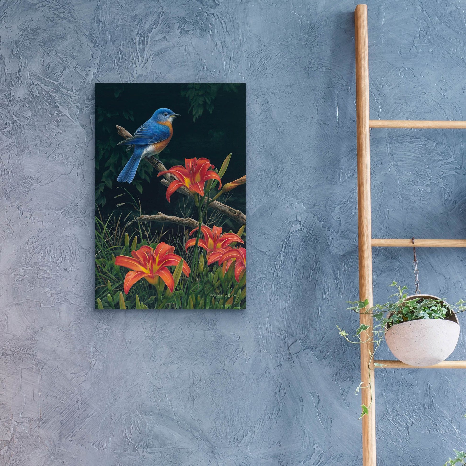 Epic Art 'Edge of the Woods - Bluebird and Daylilies' by Mark Mueller Wildlife Art, Acrylic Glass Wall Art,16x24