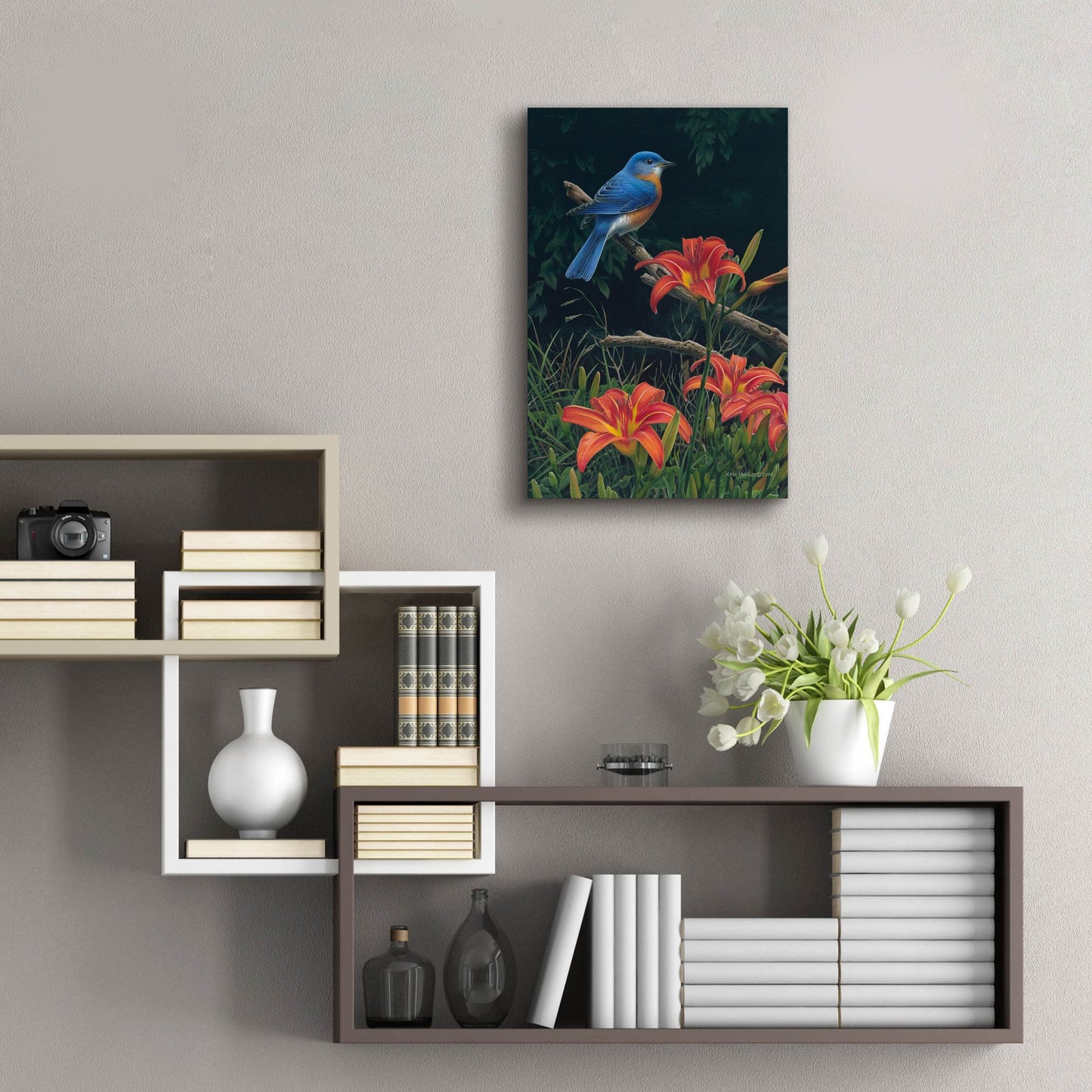 Epic Art 'Edge of the Woods - Bluebird and Daylilies' by Mark Mueller Wildlife Art, Acrylic Glass Wall Art,16x24