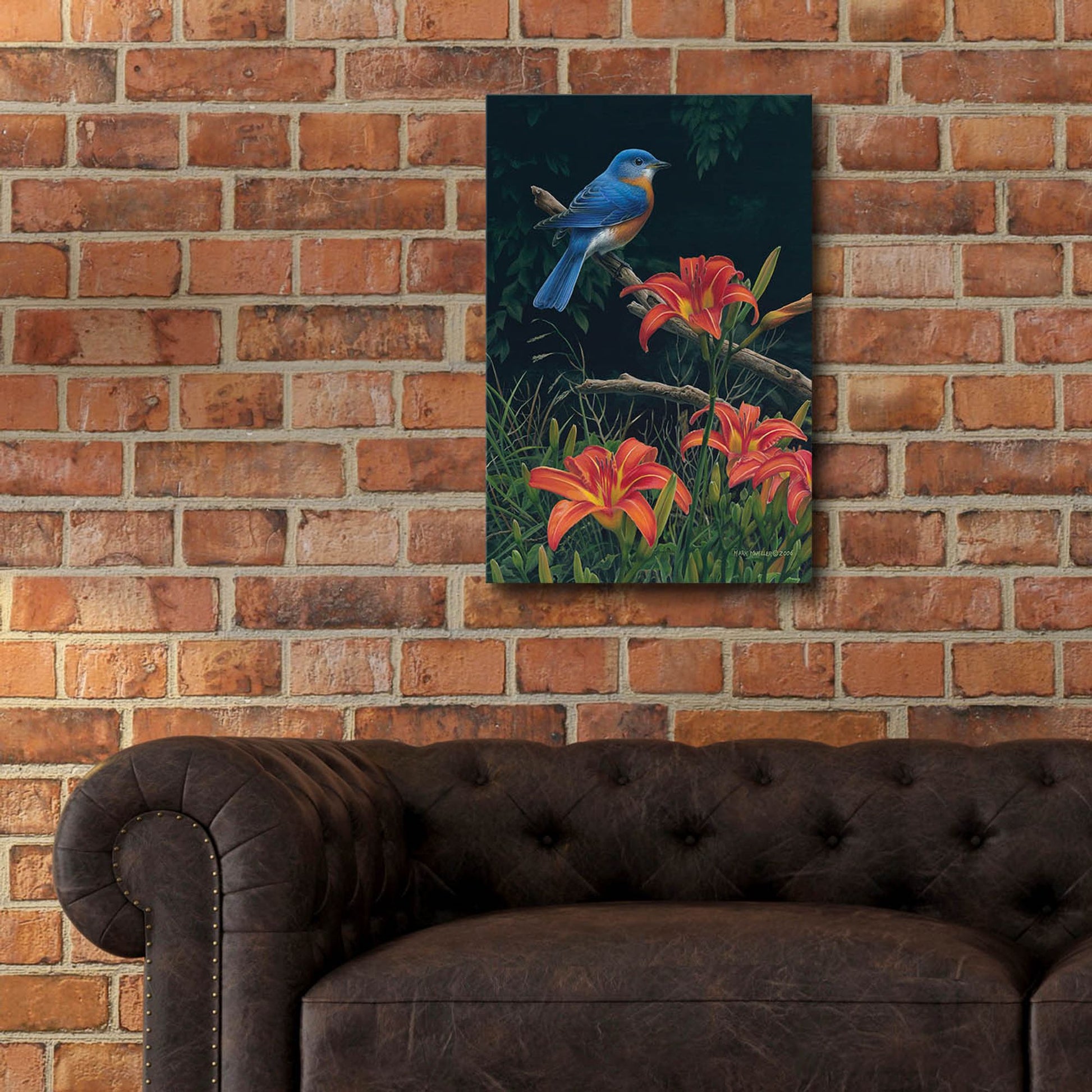 Epic Art 'Edge of the Woods - Bluebird and Daylilies' by Mark Mueller Wildlife Art, Acrylic Glass Wall Art,16x24