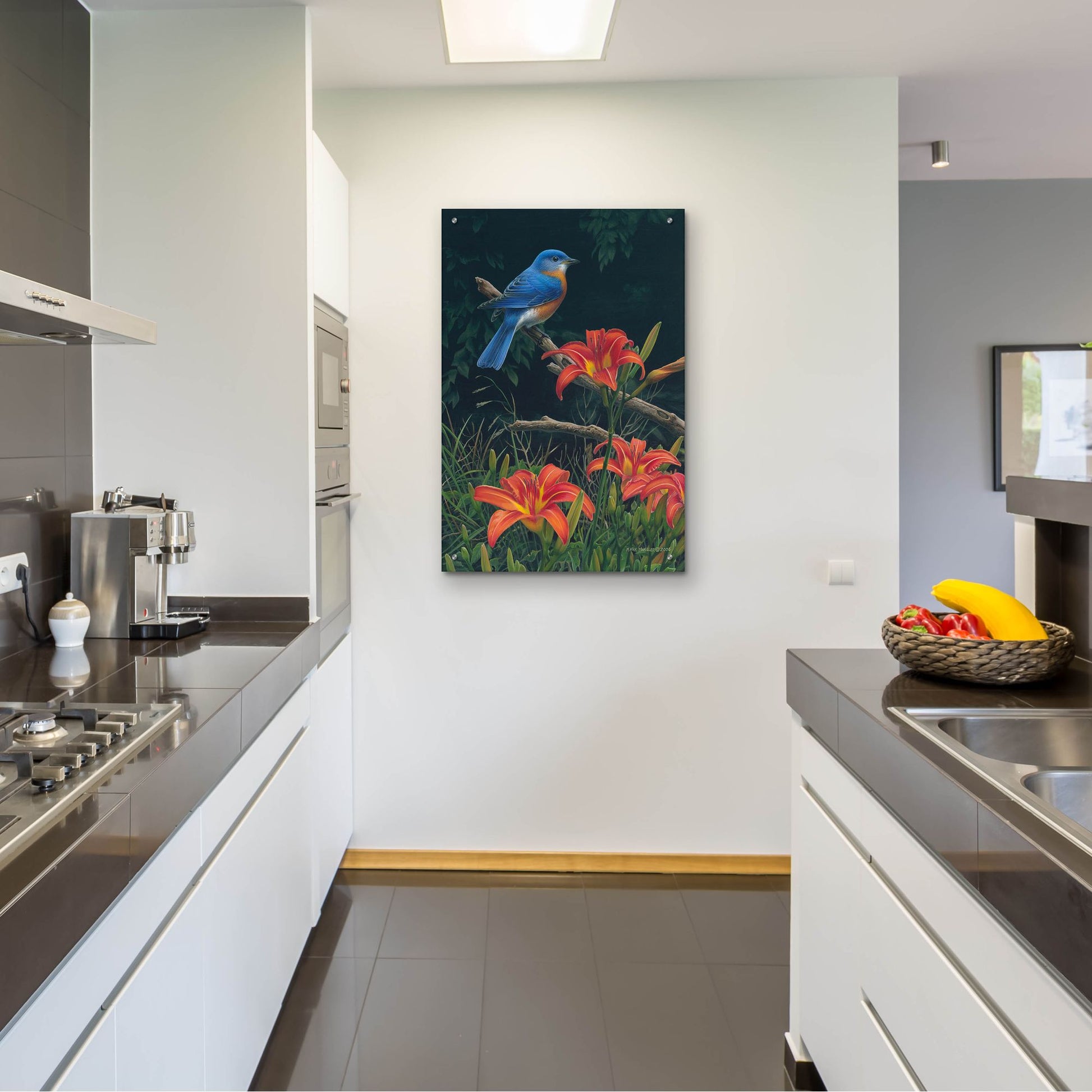 Epic Art 'Edge of the Woods - Bluebird and Daylilies' by Mark Mueller Wildlife Art, Acrylic Glass Wall Art,24x36