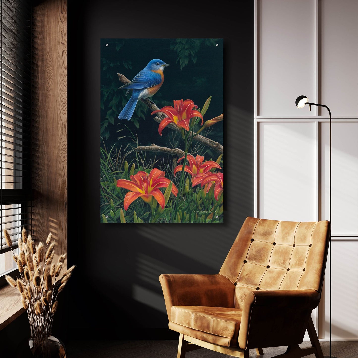 Epic Art 'Edge of the Woods - Bluebird and Daylilies' by Mark Mueller Wildlife Art, Acrylic Glass Wall Art,24x36