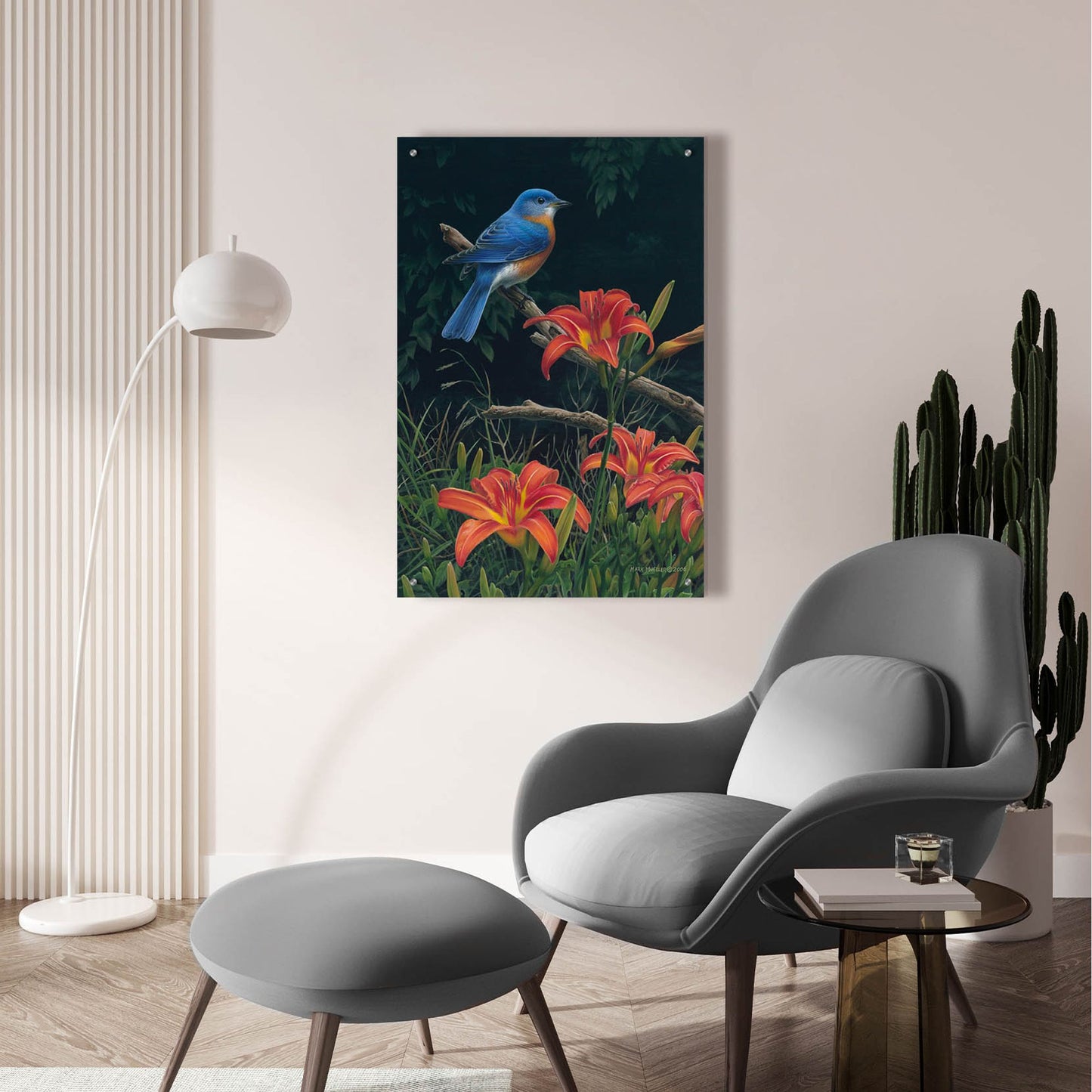 Epic Art 'Edge of the Woods - Bluebird and Daylilies' by Mark Mueller Wildlife Art, Acrylic Glass Wall Art,24x36