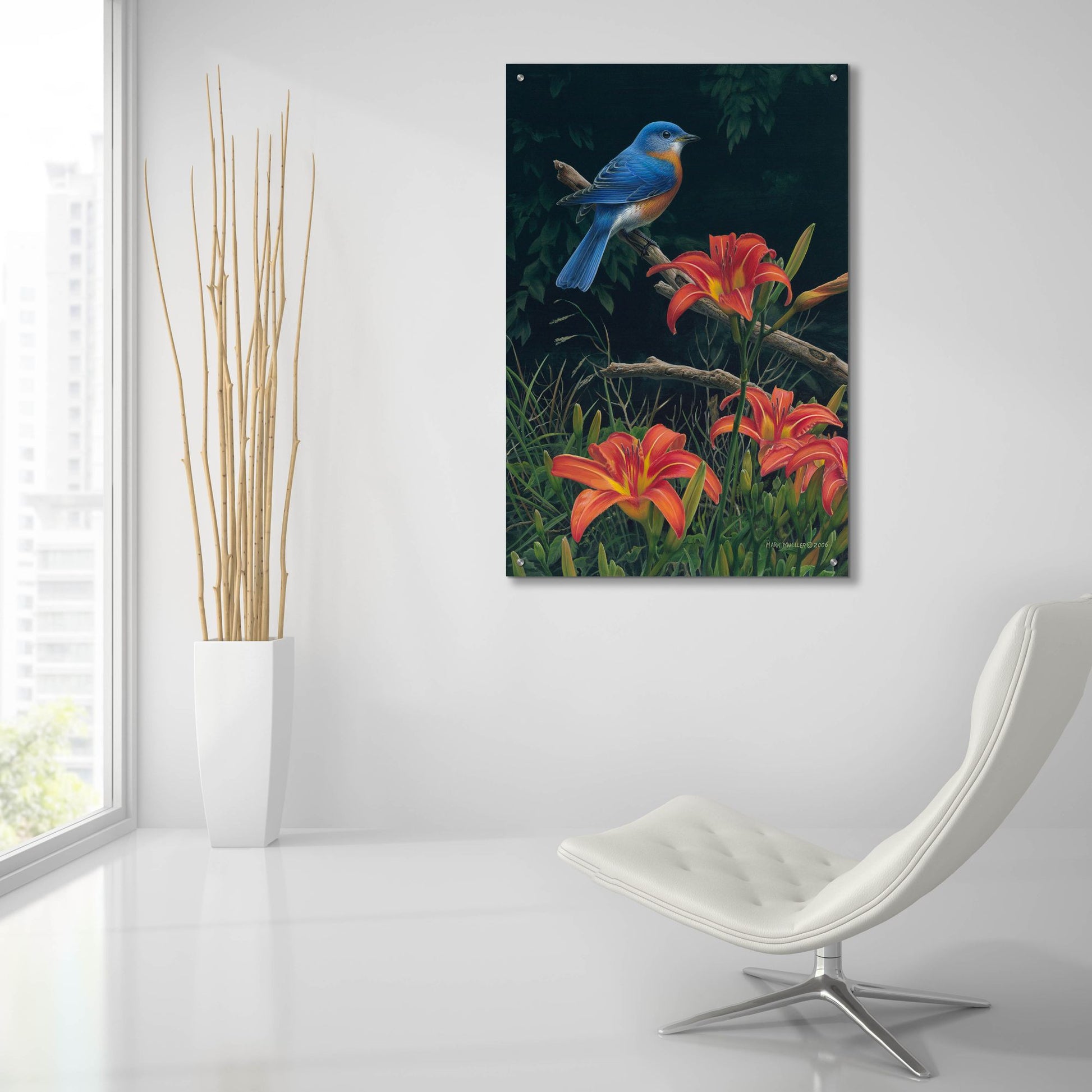 Epic Art 'Edge of the Woods - Bluebird and Daylilies' by Mark Mueller Wildlife Art, Acrylic Glass Wall Art,24x36