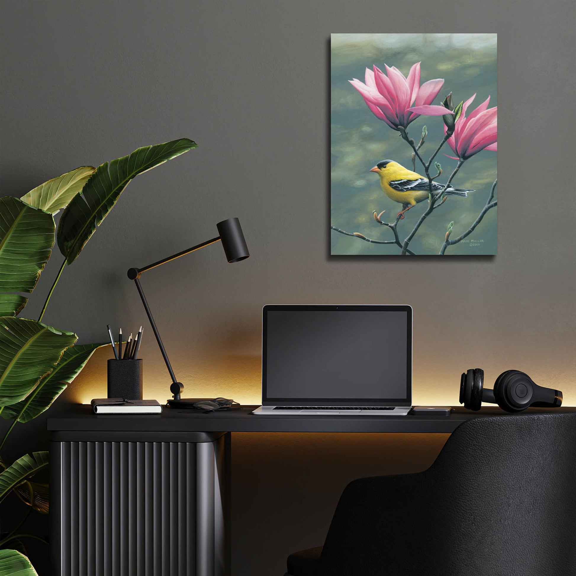 Epic Art 'Emergence - Goldfinch and Japanese Magnolia' by Mark Mueller Wildlife Art, Acrylic Glass Wall Art,12x16