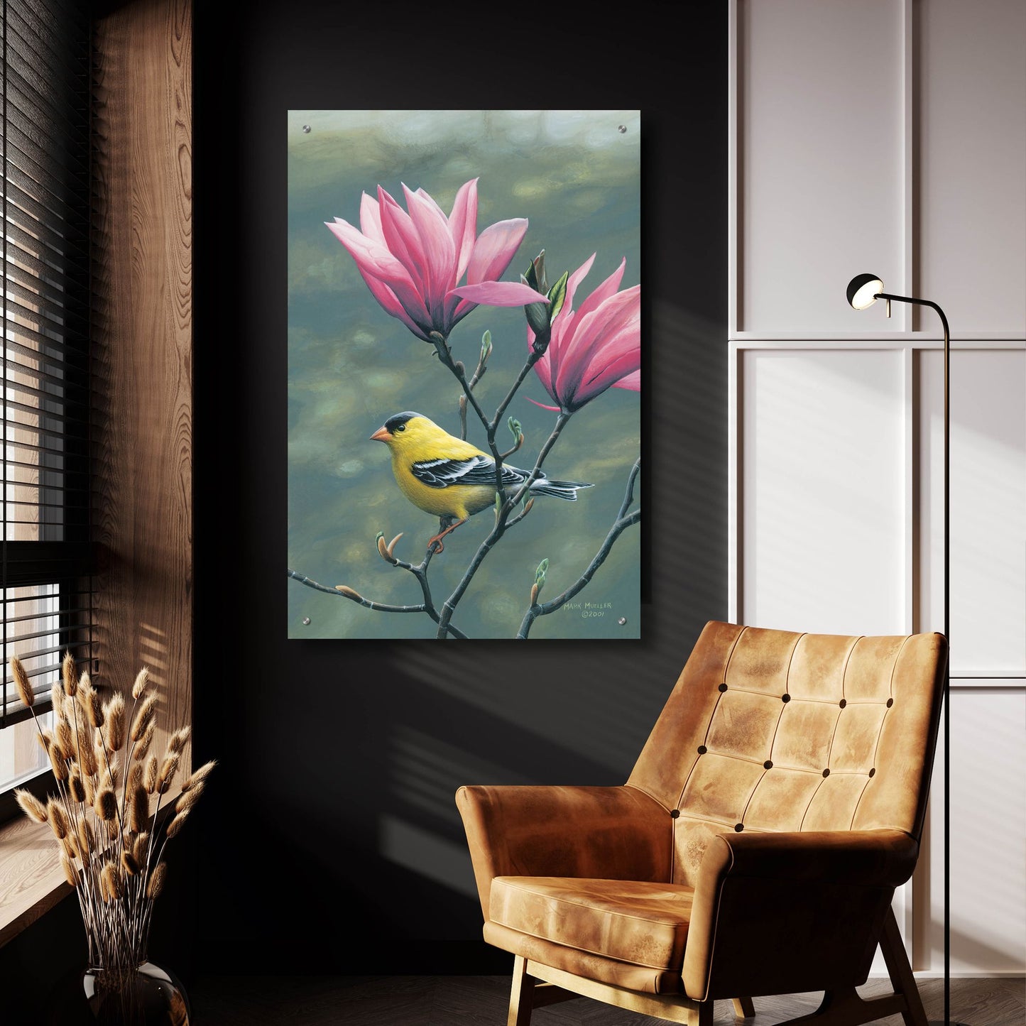 Epic Art 'Emergence - Goldfinch and Japanese Magnolia' by Mark Mueller Wildlife Art, Acrylic Glass Wall Art,24x36