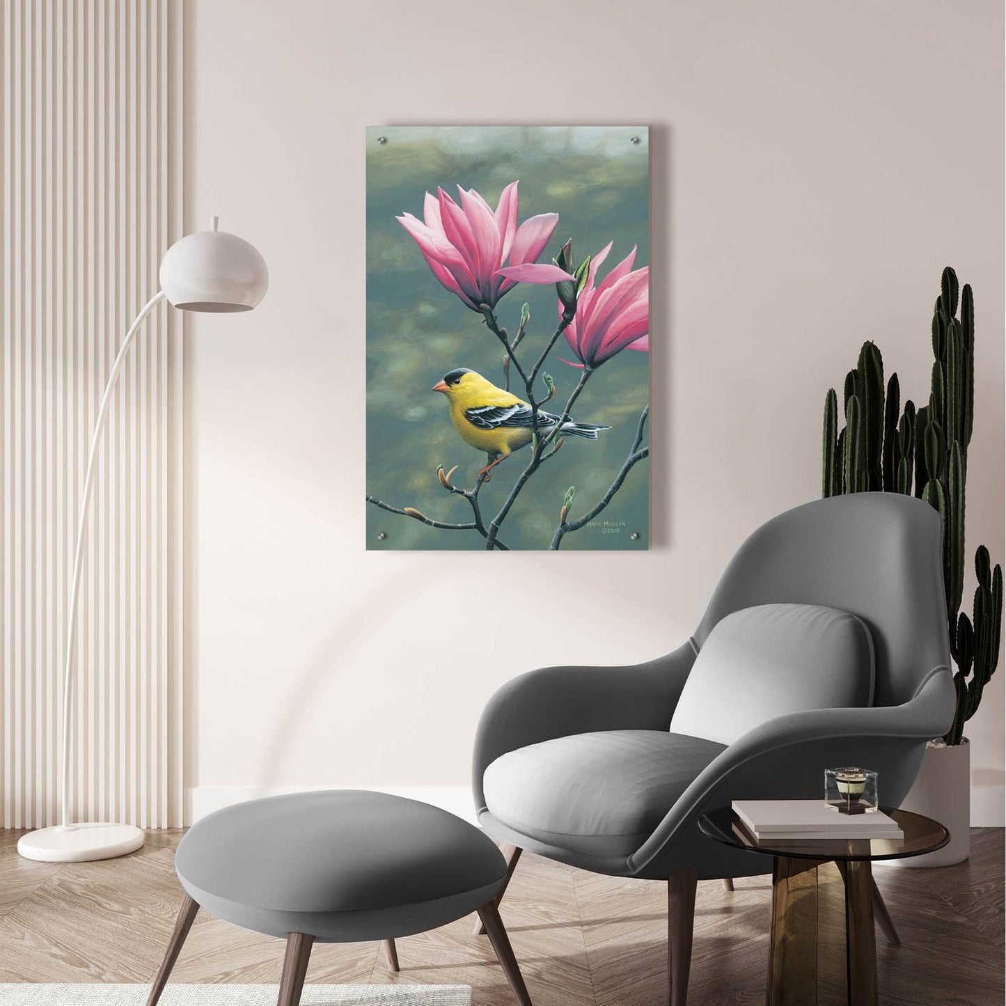 Epic Art 'Emergence - Goldfinch and Japanese Magnolia' by Mark Mueller Wildlife Art, Acrylic Glass Wall Art,24x36