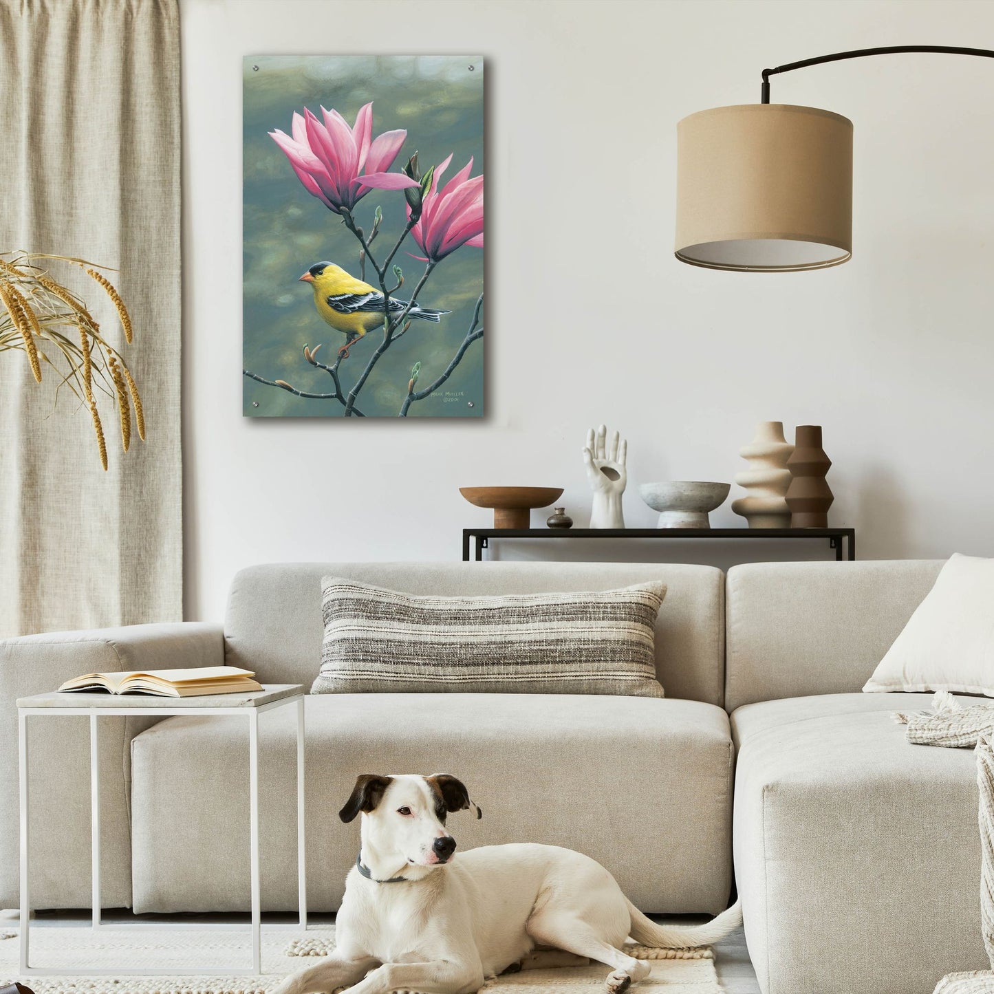 Epic Art 'Emergence - Goldfinch and Japanese Magnolia' by Mark Mueller Wildlife Art, Acrylic Glass Wall Art,24x36