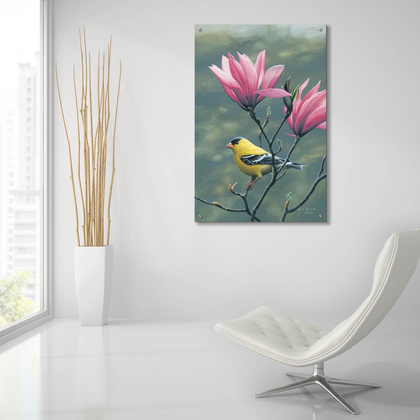 Epic Art 'Emergence - Goldfinch and Japanese Magnolia' by Mark Mueller Wildlife Art, Acrylic Glass Wall Art,24x36