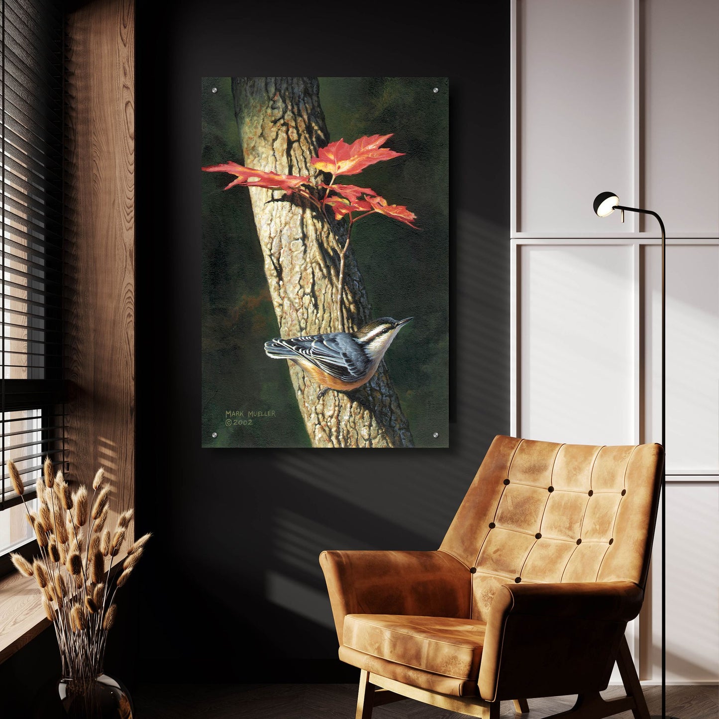 Epic Art 'Fall - Red-breasted Nuthatch' by Mark Mueller Wildlife Art, Acrylic Glass Wall Art,24x36