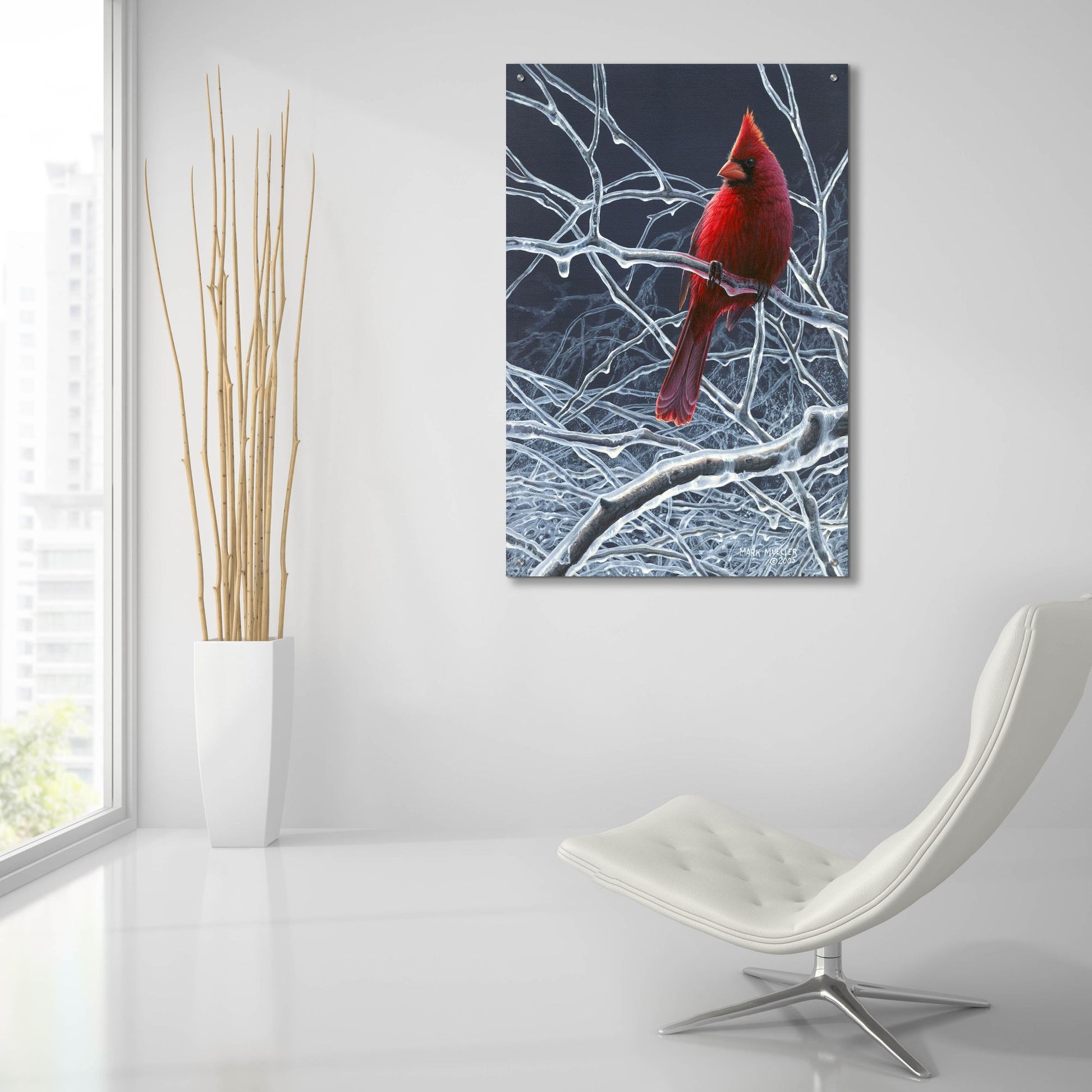 Epic Art 'Fire and Ice - Cardinal' by Mark Mueller Wildlife Art, Acrylic Glass Wall Art,24x36