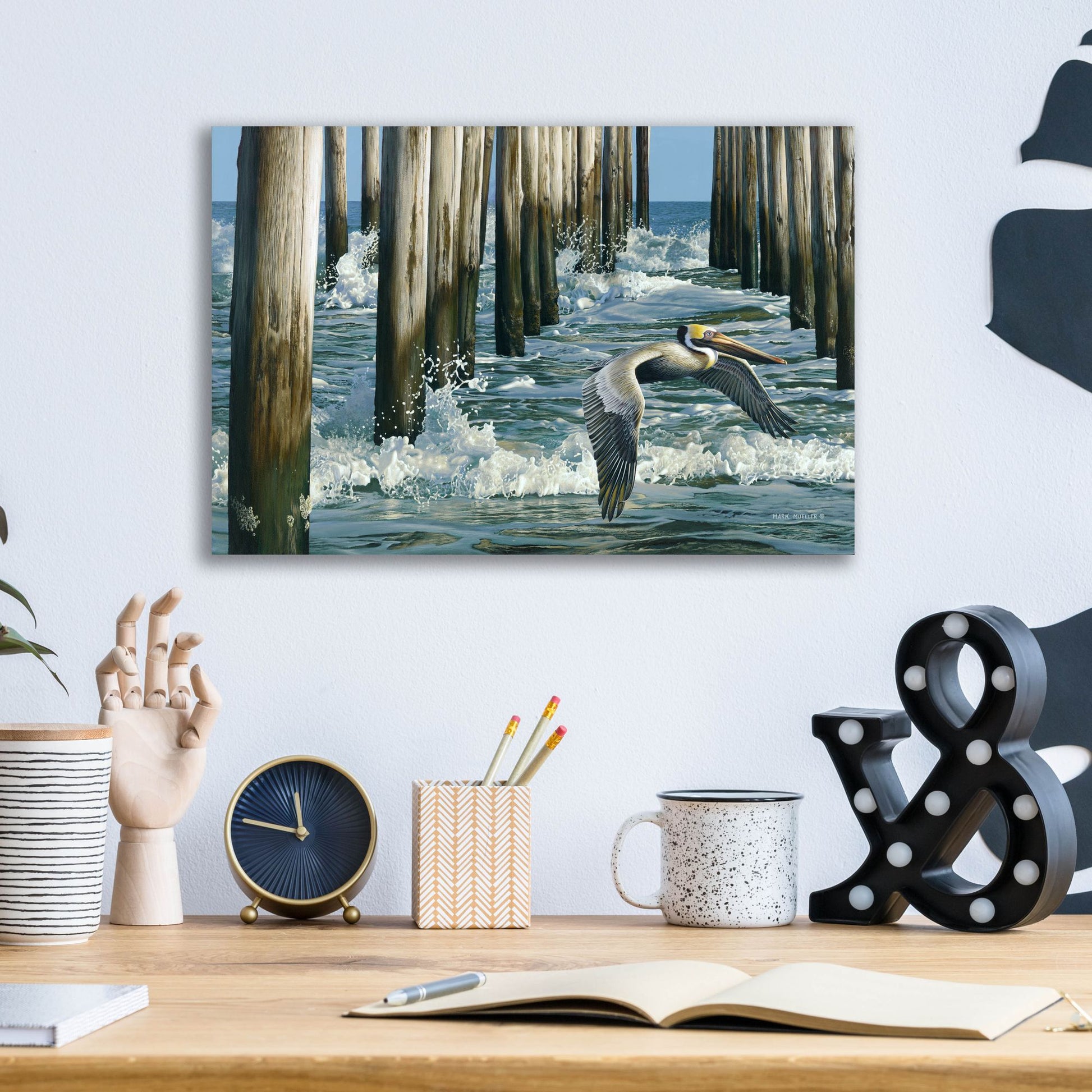 Epic Art 'Fishing Pier - Pelican' by Mark Mueller Wildlife Art, Acrylic Glass Wall Art,16x12